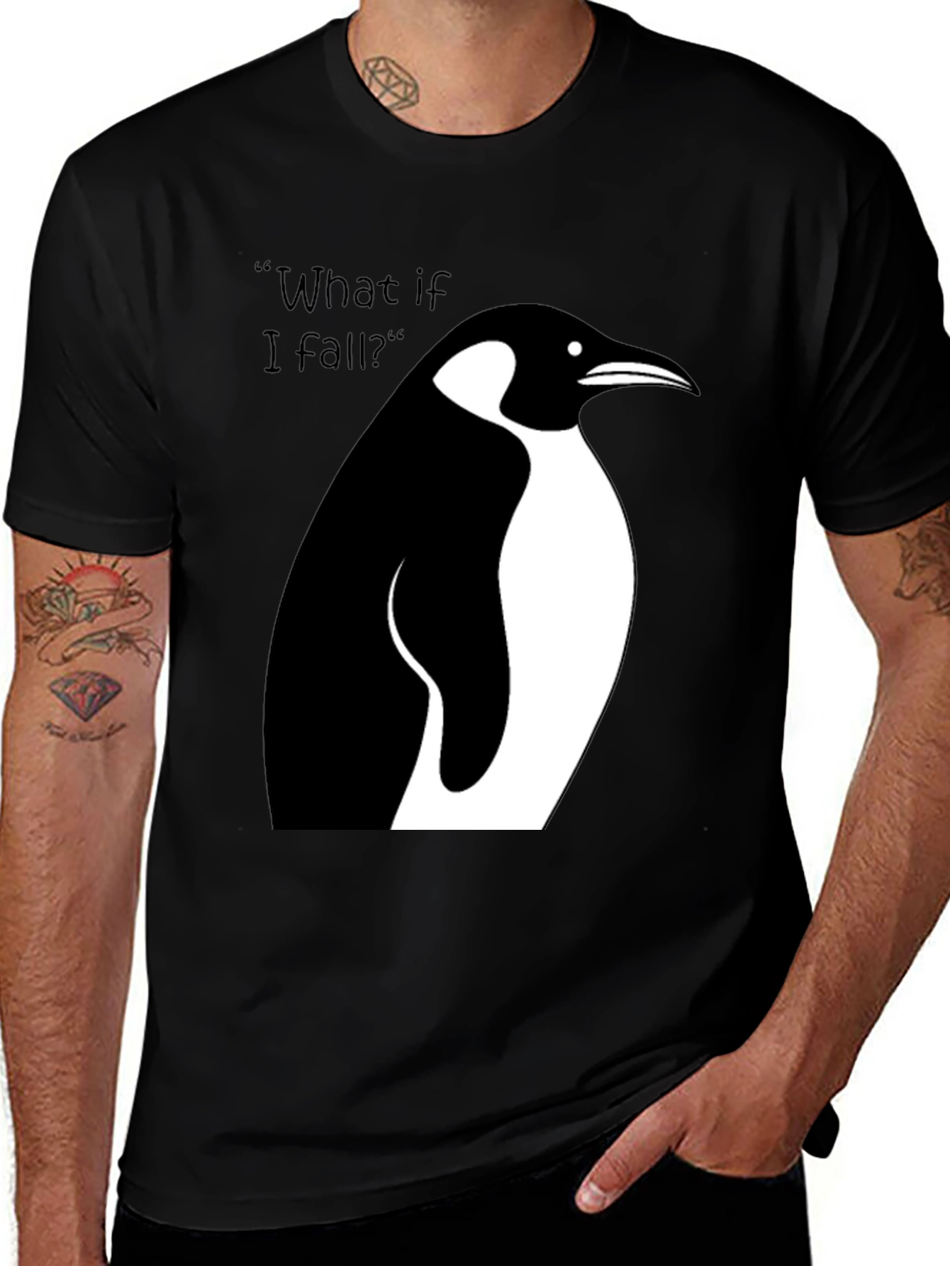 Variant 17 of Penguin Graphic Tee - "What If I Fall?" Black Cotton T-Shirt