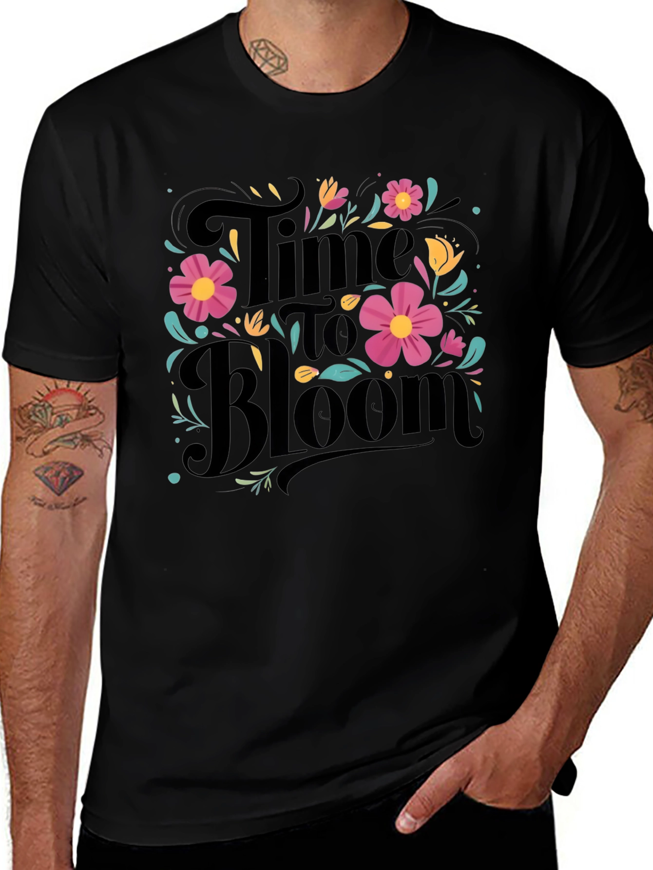 Variant 12 of Time to Bloom Graphic T-Shirt - Floral Design, Black Tee