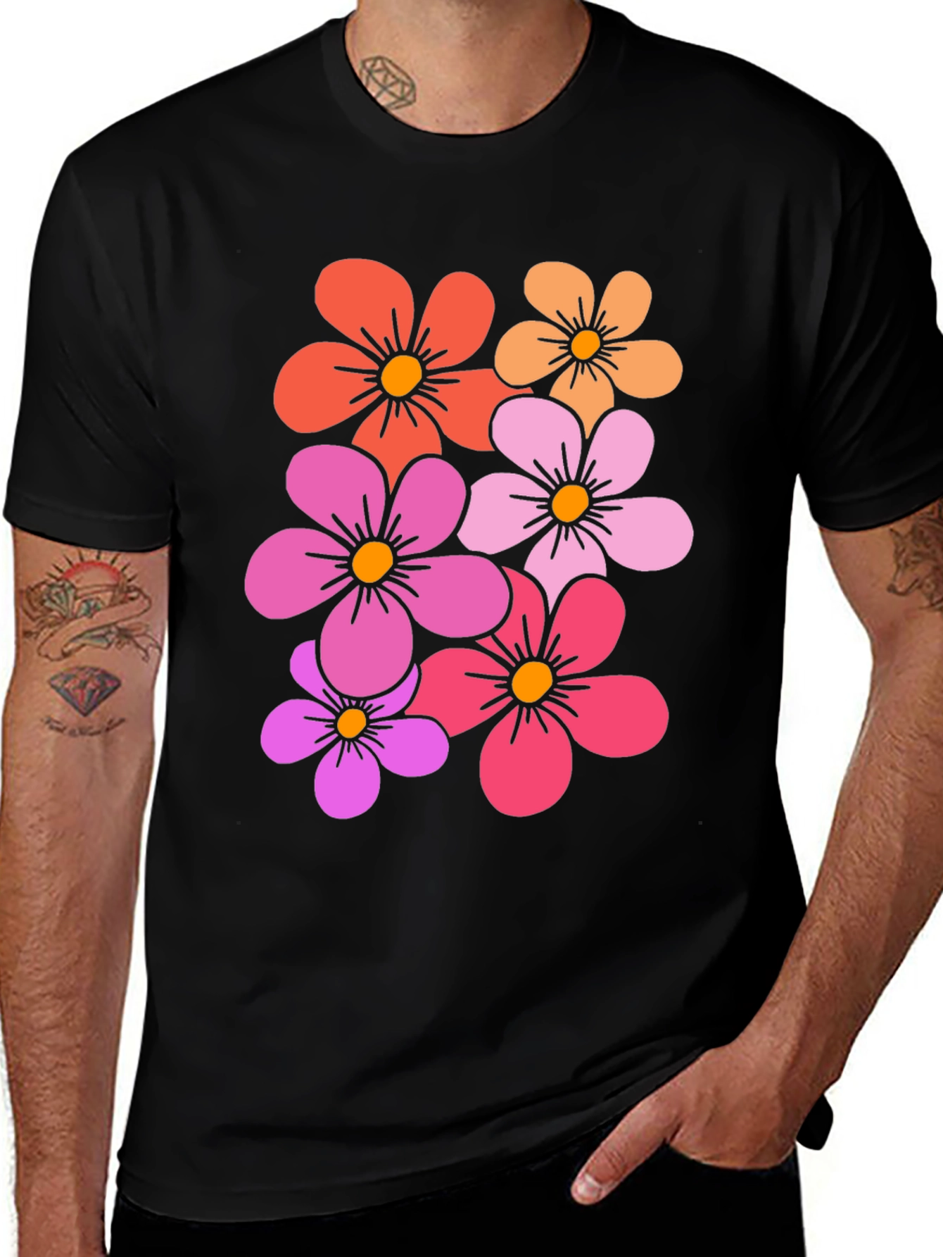 Variant 30 of Retro Floral Print Black T-Shirt