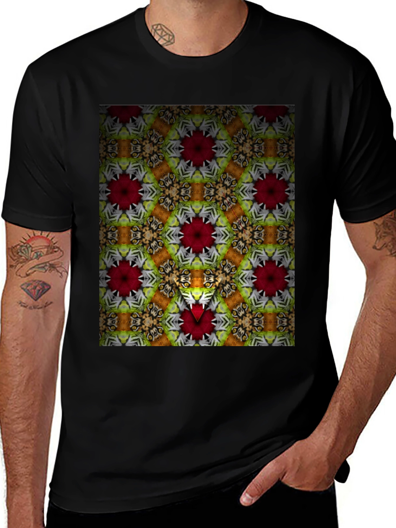 Variant 2 of Kaleidoscope Floral Graphic Print Men's Black T-Shirt