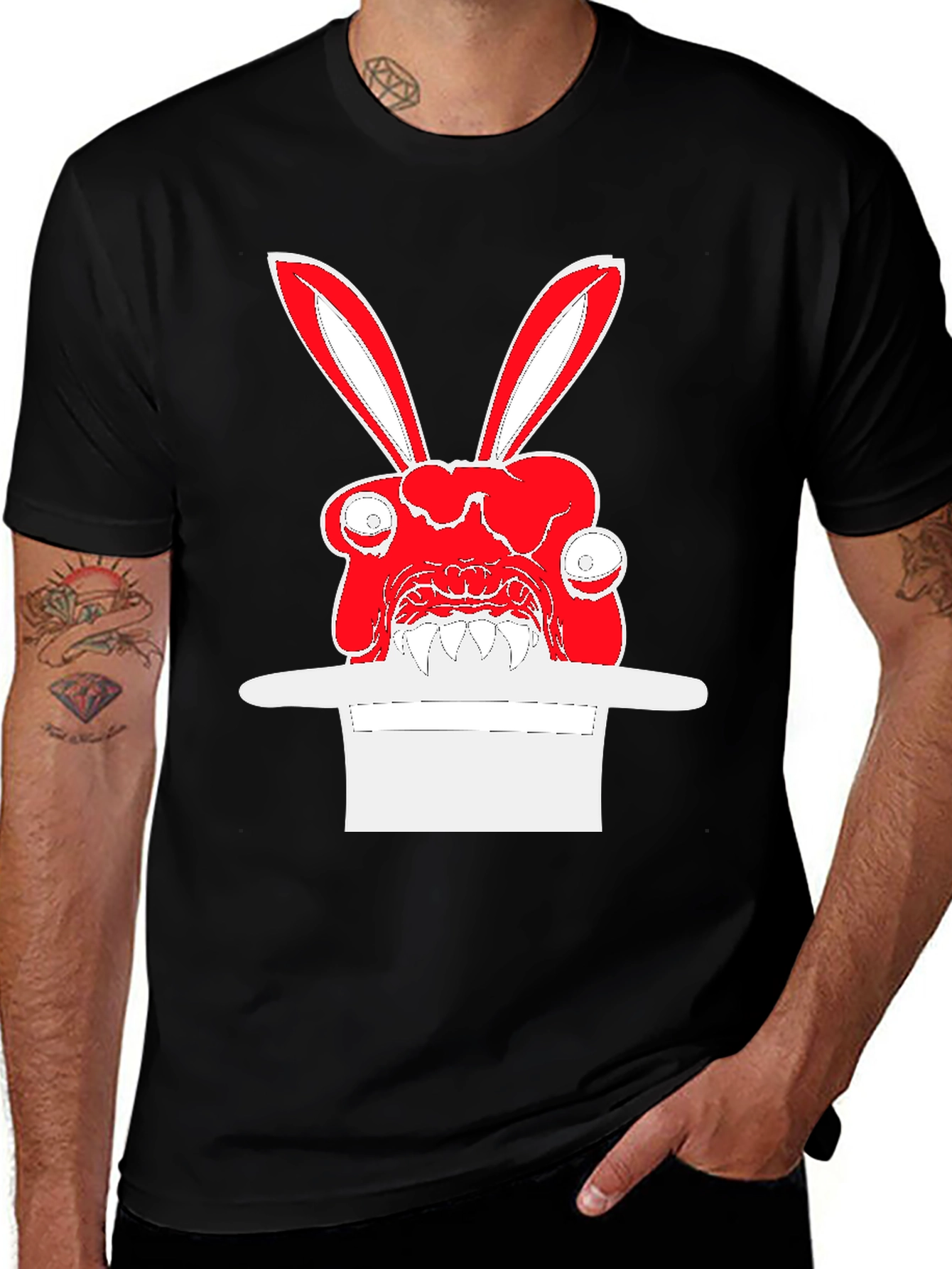 Variant 19 of Men's Black T-Shirt with Red Rabbit Print