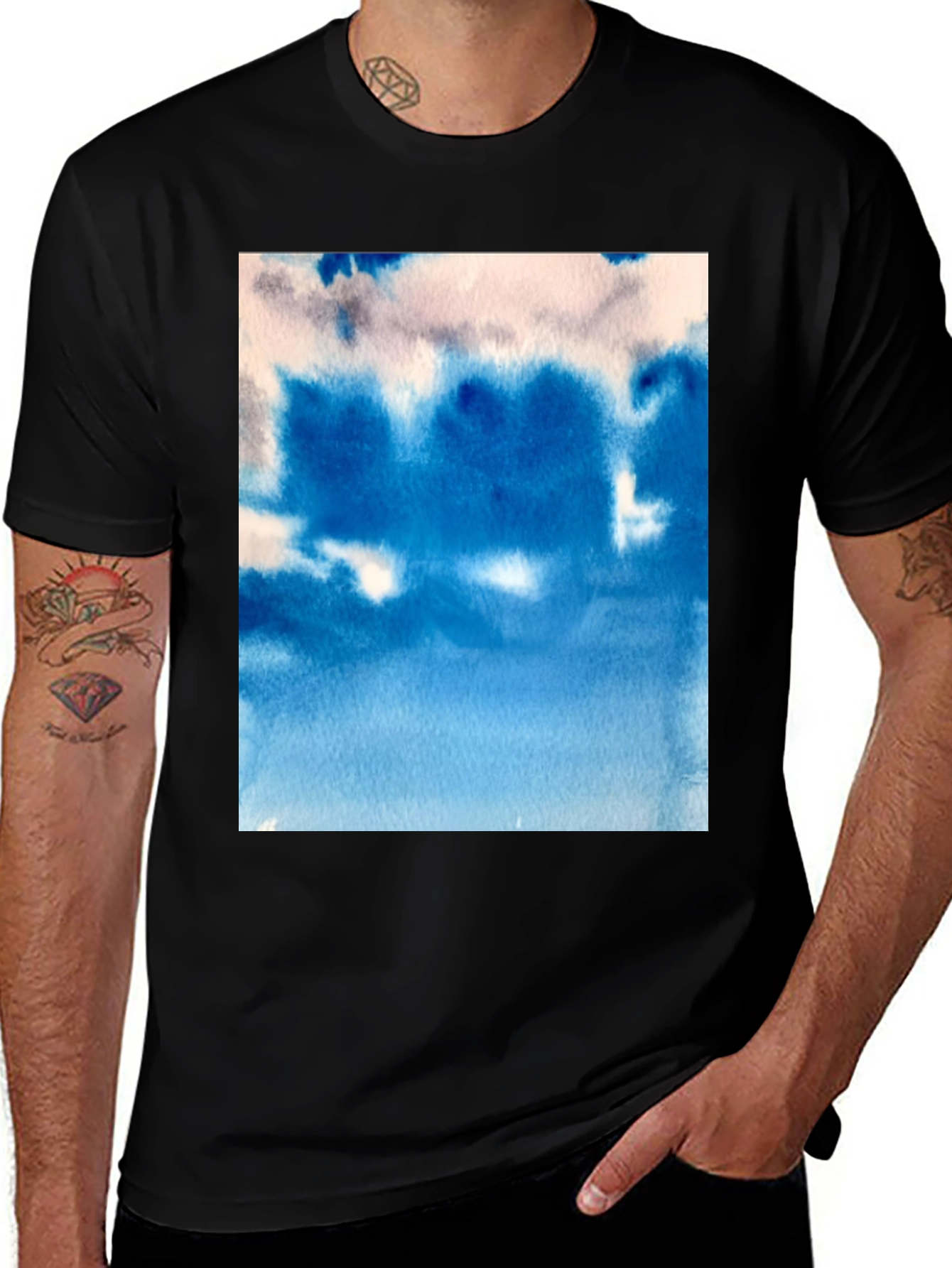 Variant 19 of Watercolor Blue Pattern Black T-Shirt