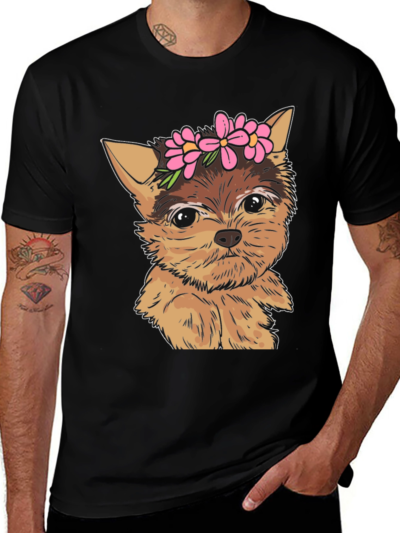 Variant 14 of Dog with Flowers Black T-Shirt