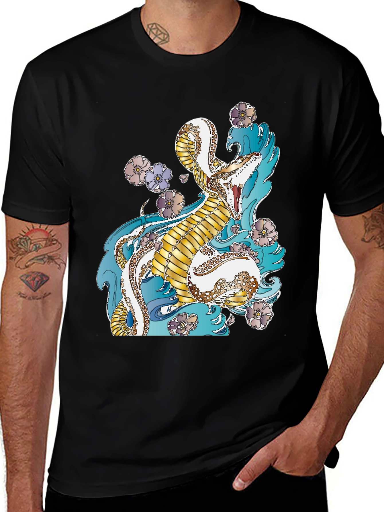 Variant 6 of Cobra Serpent T-Shirt - Floral Snake Design