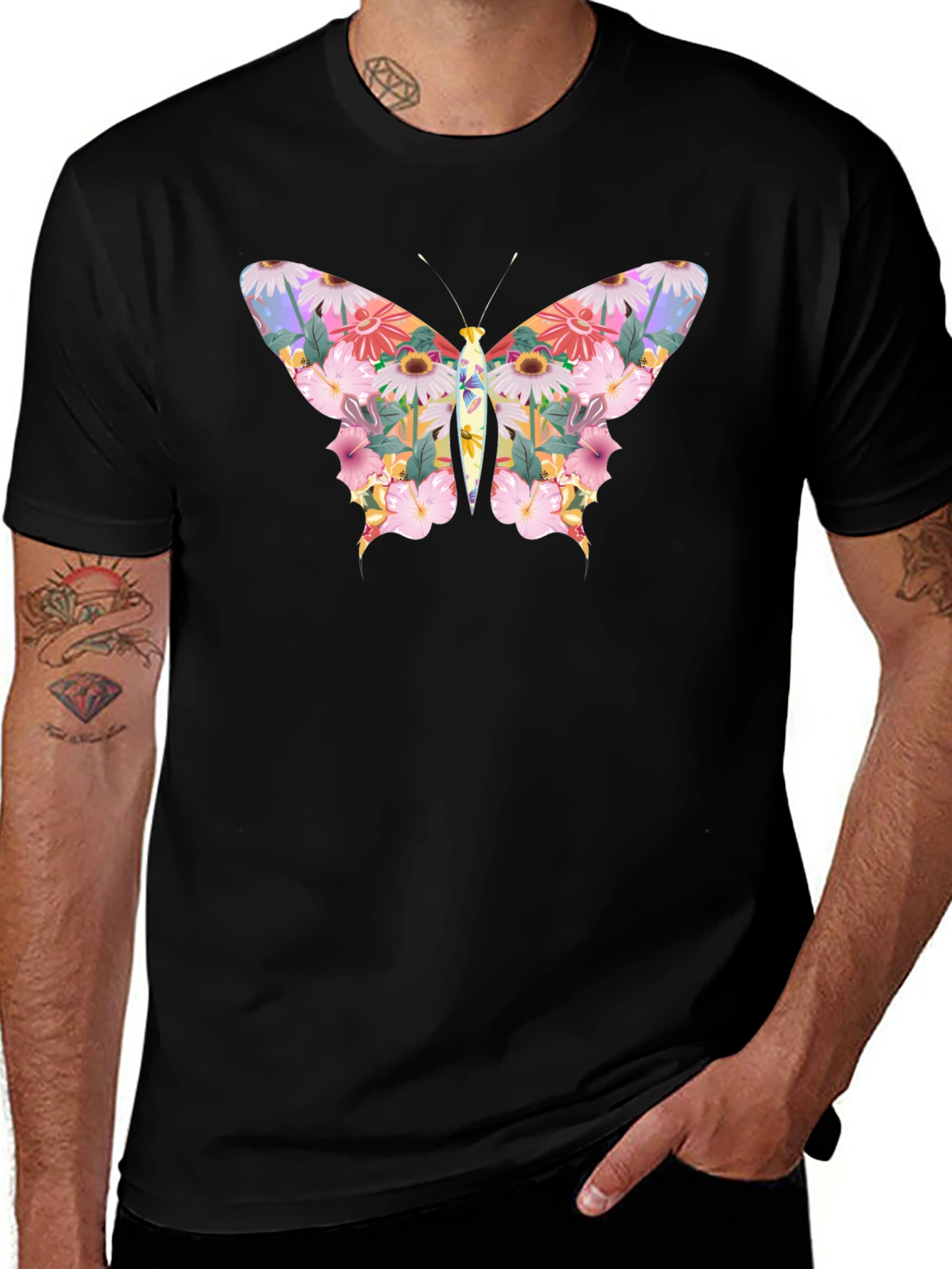 Variant 13 of Floral Butterfly Graphic Black T-Shirt