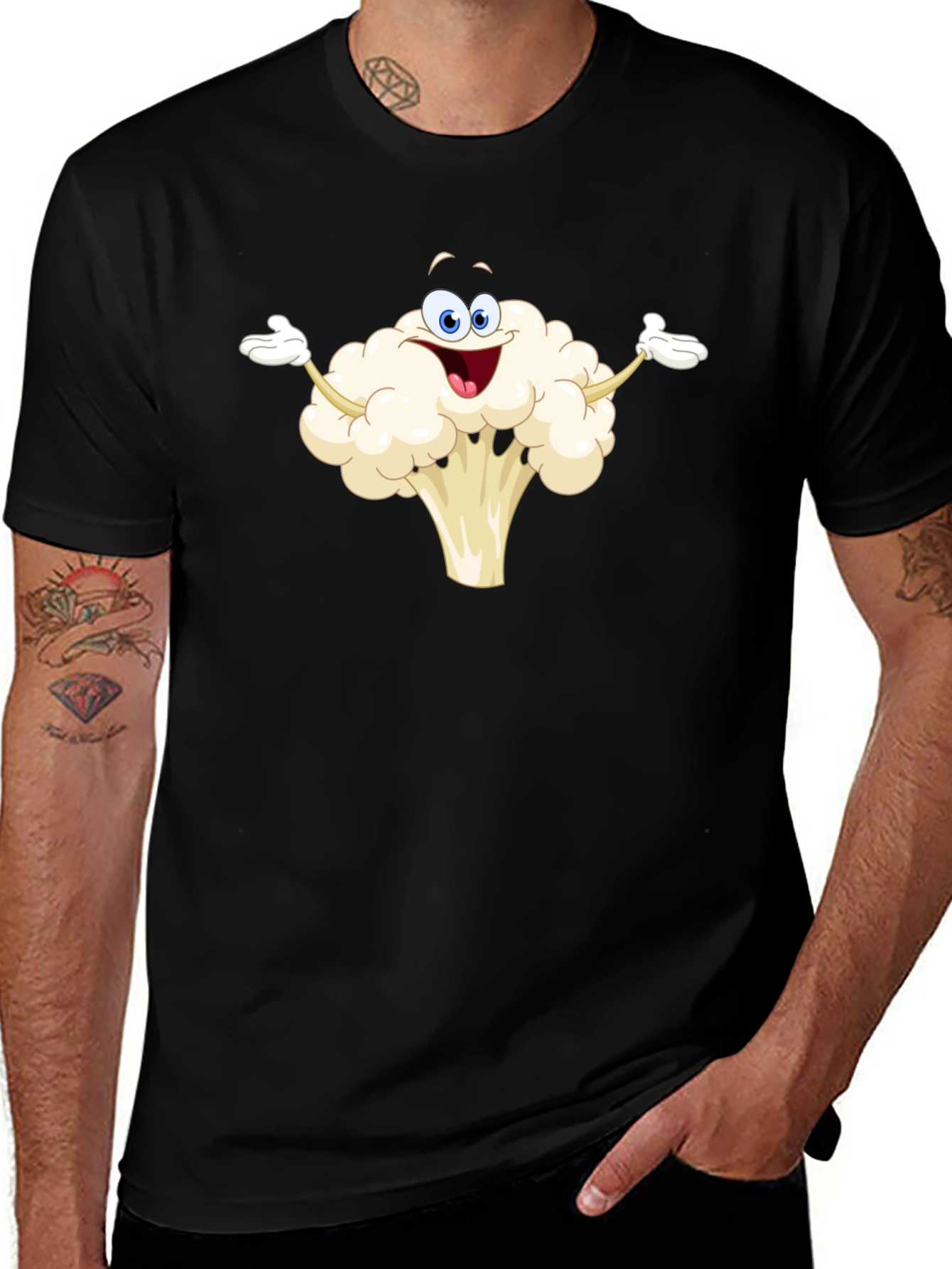 Variant 6 of Funny Cauliflower Cartoon Black T-Shirt