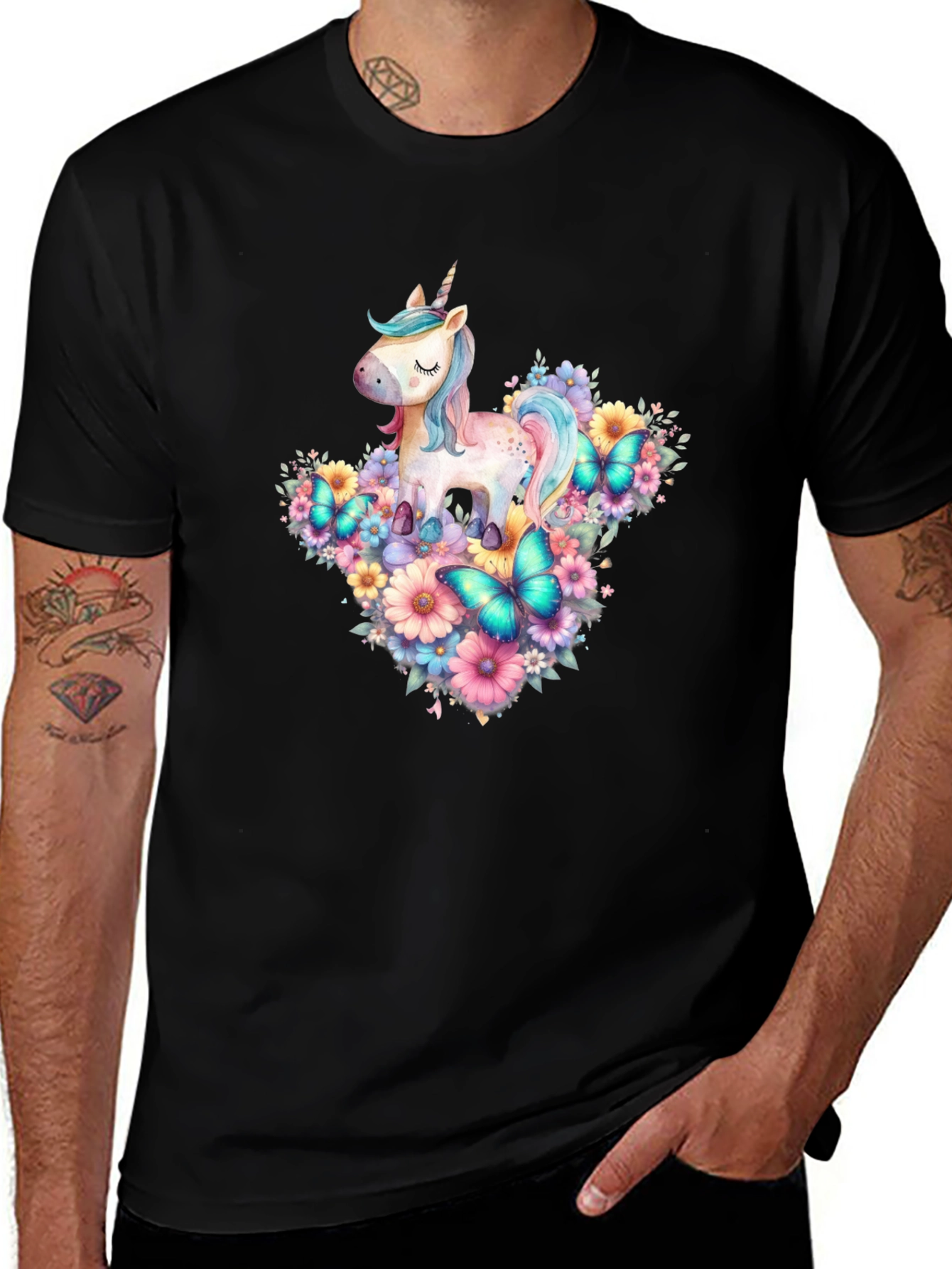Unicorn Floral T-Shirt - Black Cotton Graphic Tee