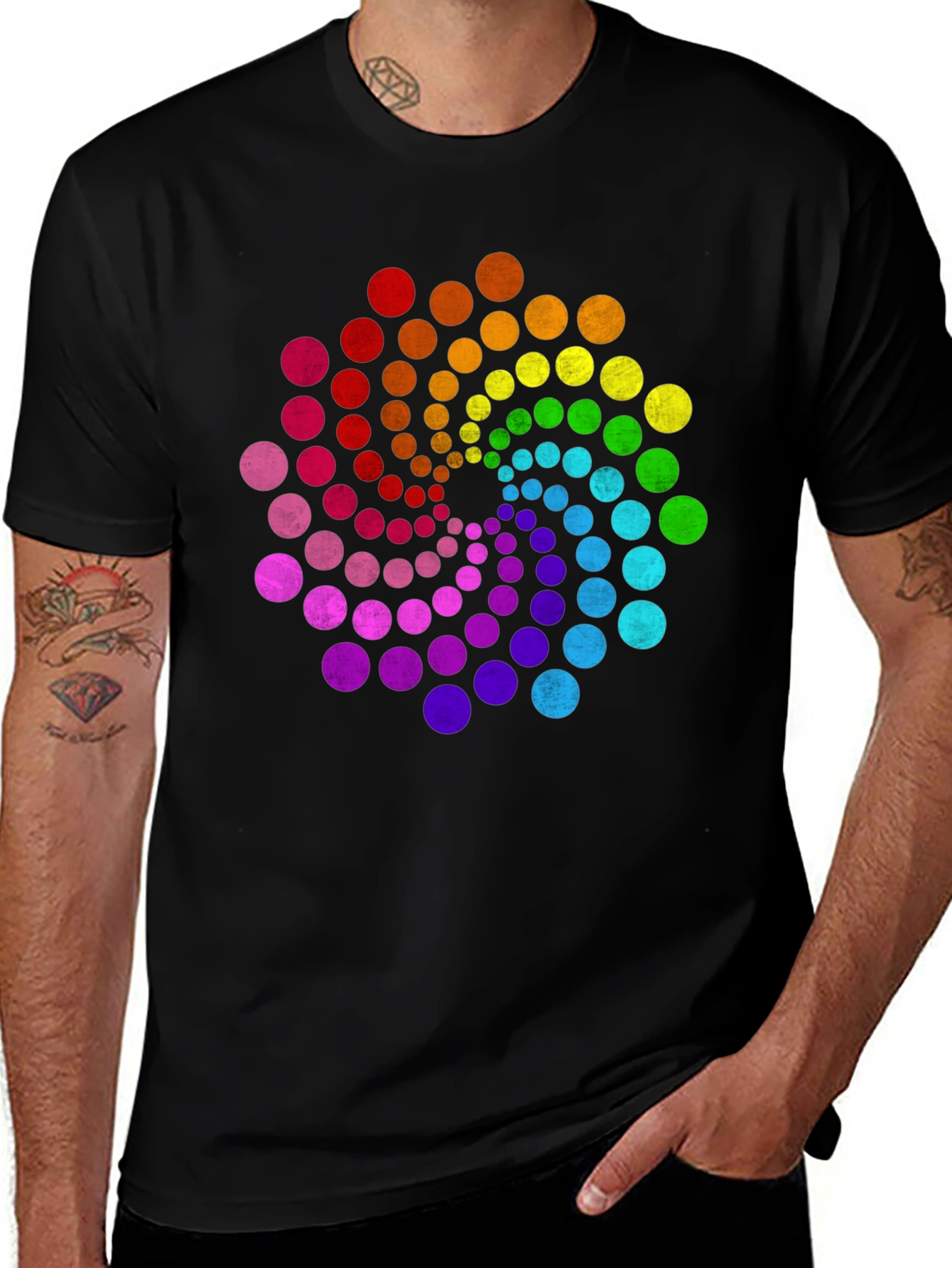 Variant 25 of Rainbow Circle Dot Graphic Tee - Black Cotton T-Shirt