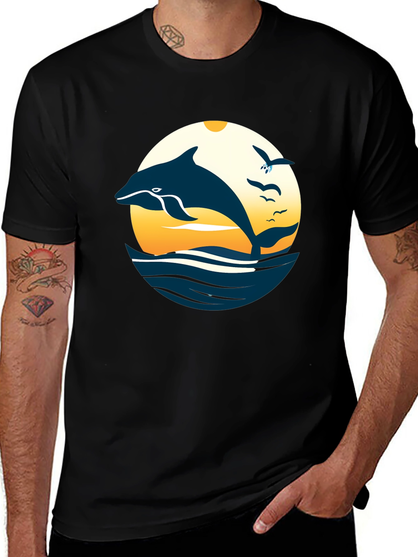 Variant 8 of Dolphin Sunset Graphic Tee - Black Cotton Blend