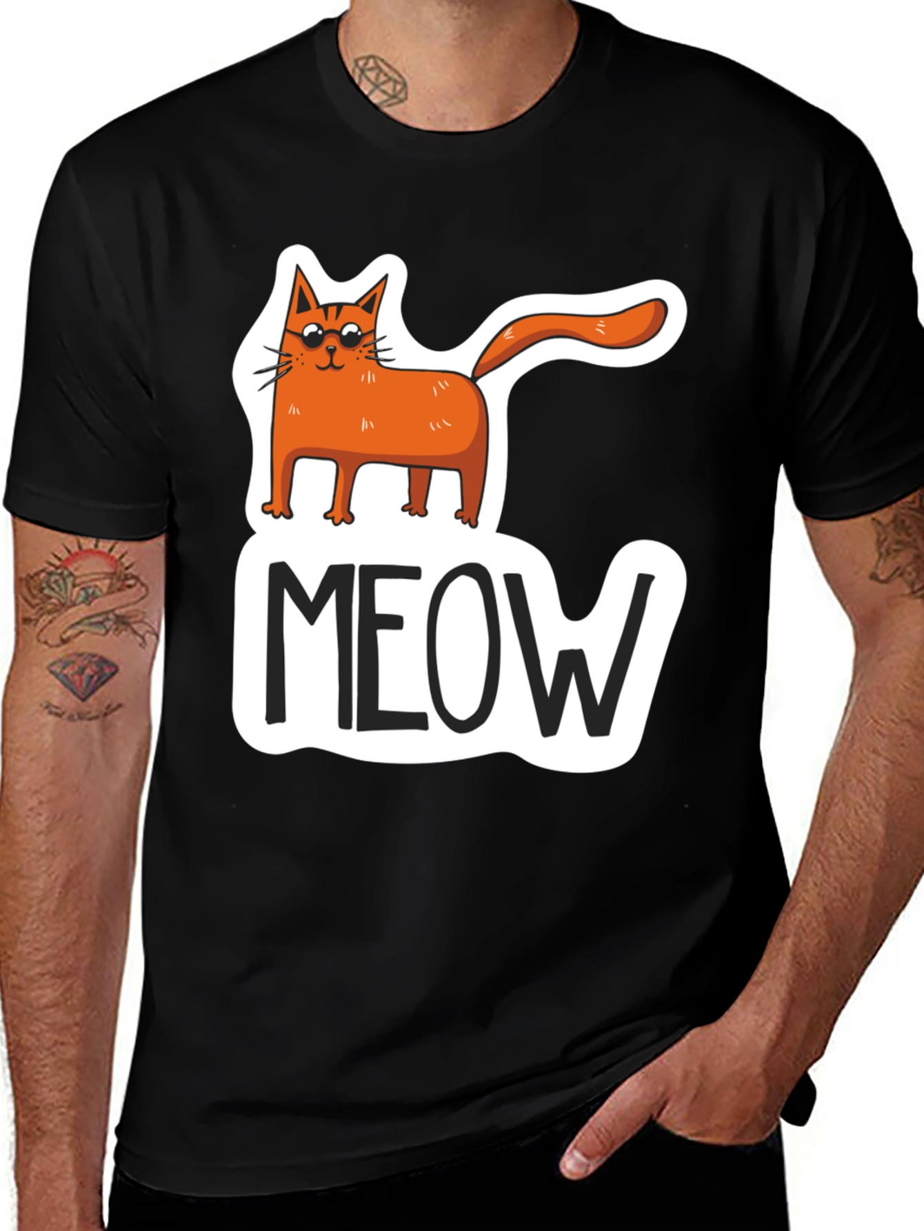 Variant 24 of Cool Cat Meow Graphic Tee - Black Cotton T-Shirt