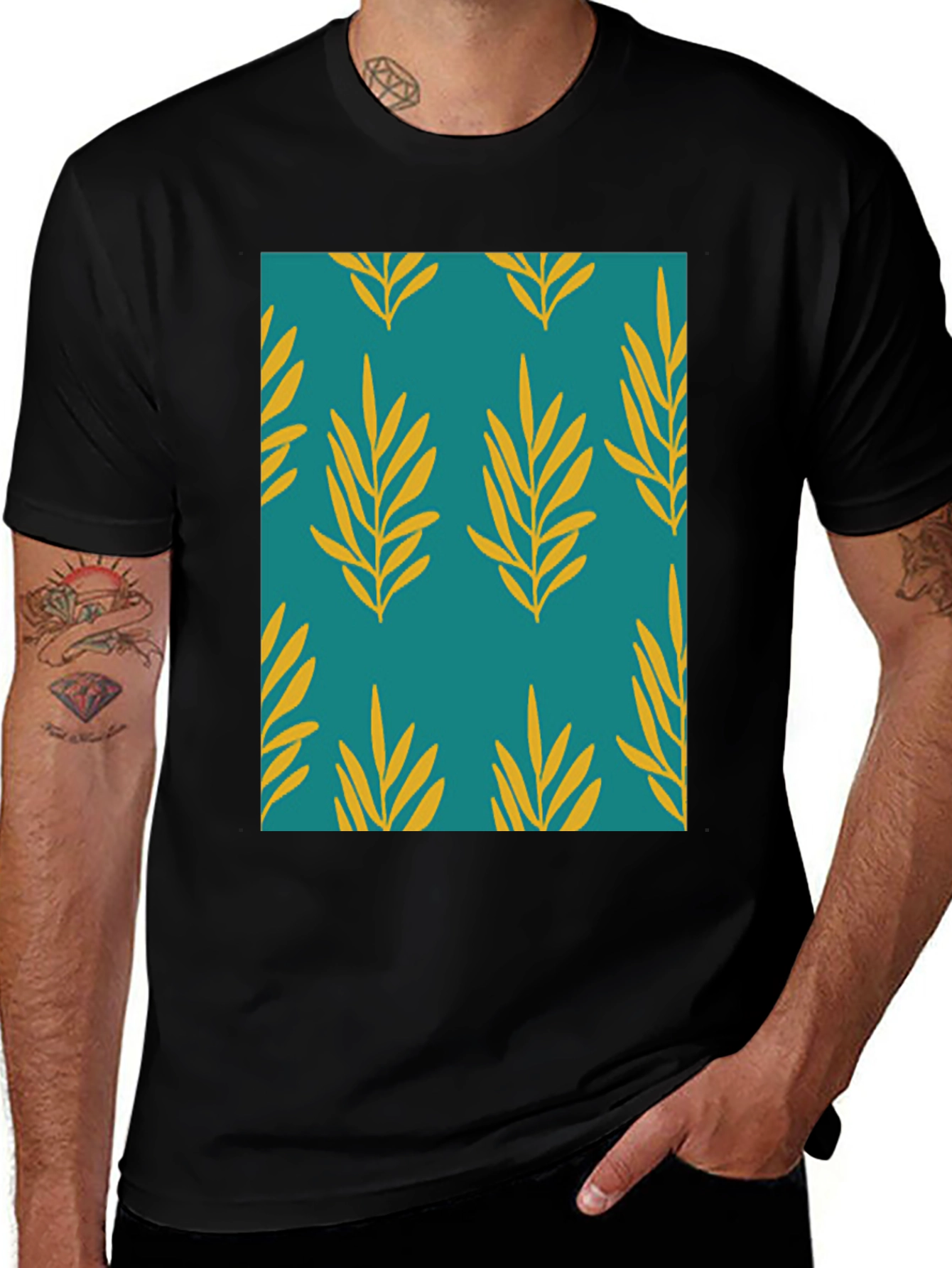 Variant 7 of Leaf Pattern Print Men's Black T-Shirt