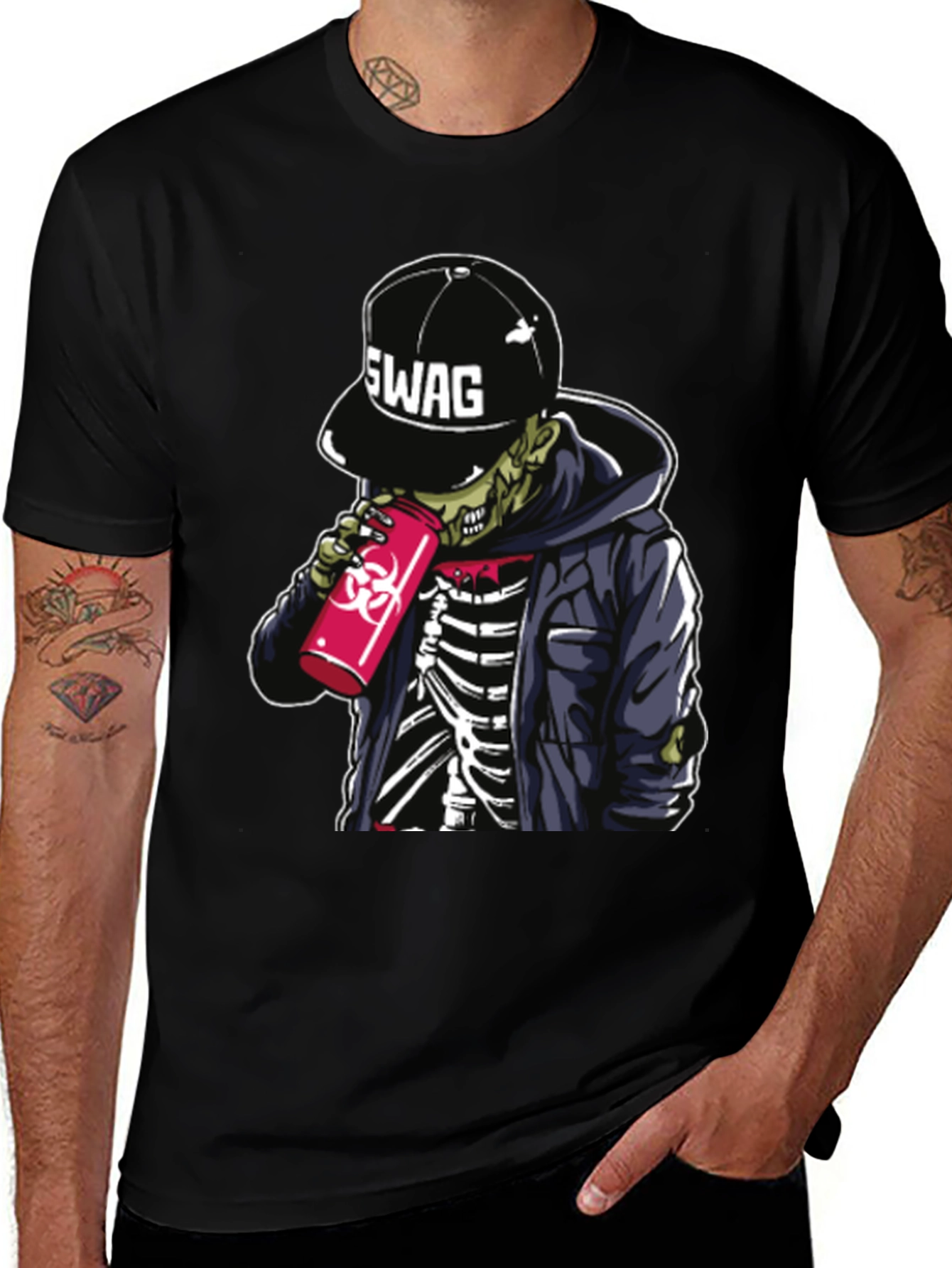Variant 18 of Swag Zombie Skeleton Graphic Tee - Black Cotton Blend