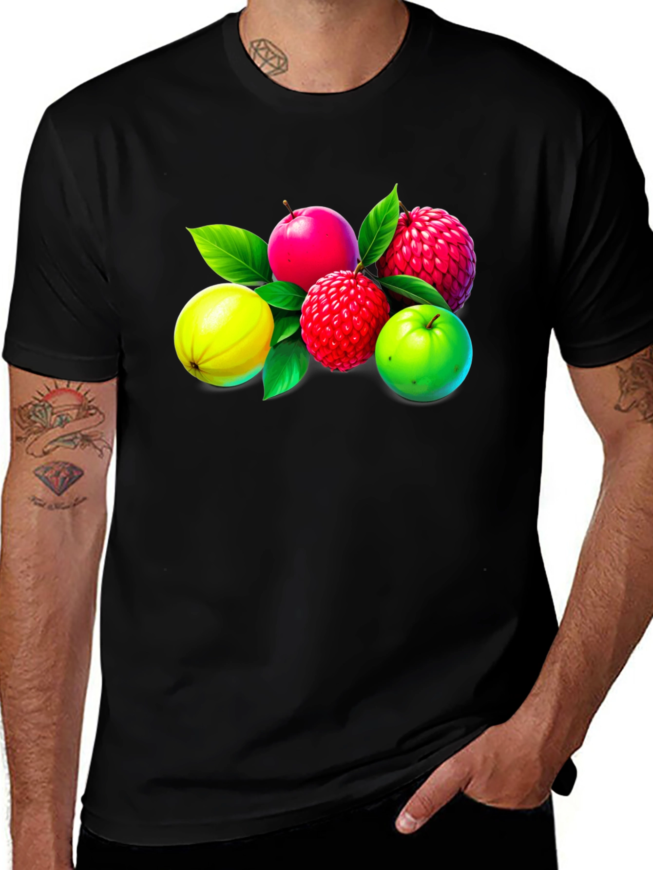 Variant 18 of Fruit T-Shirt - Black Cotton Tee with Colorful Fruit Design