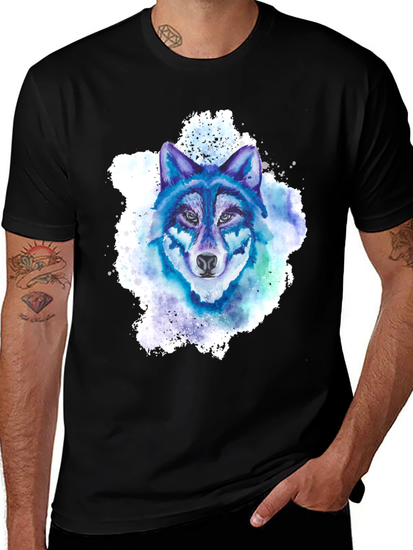 Variant 10 of Watercolor Wolf Graphic Black T-Shirt