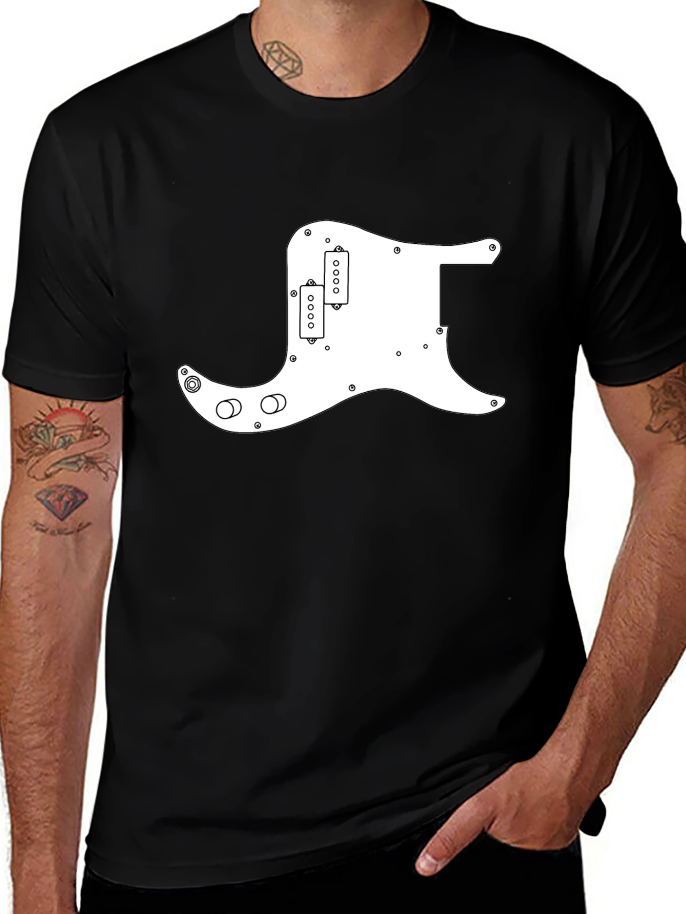 Variant 17 of Black T-Shirt with White Guitar Pickguard Graphic
