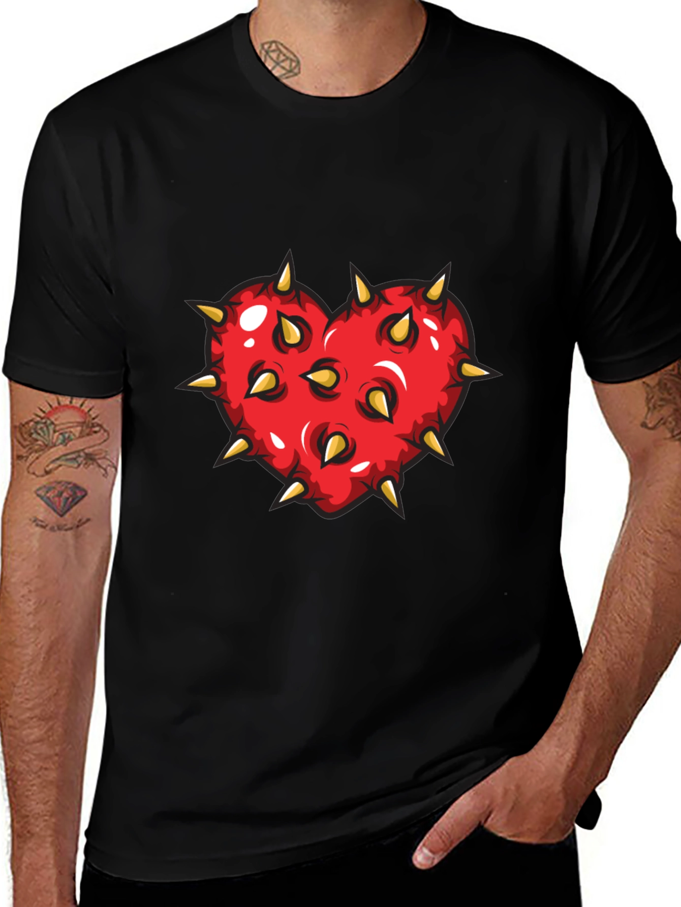 Variant 11 of Edgy Heart Spike Graphic Tee - Black Cotton Shirt