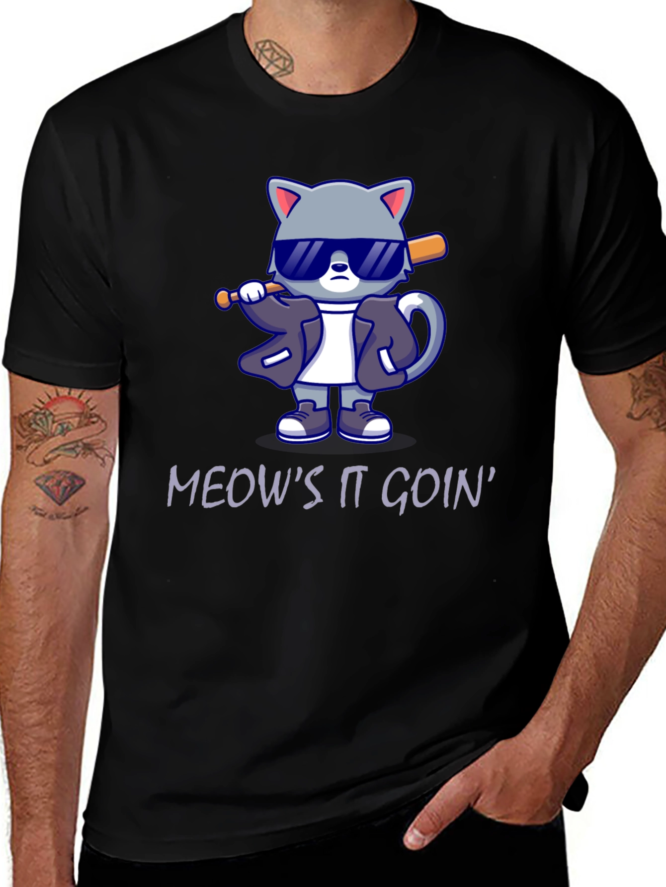 Variant 22 of Cool Cat Graphic Tee - "Meow's It Goin'" Black T-Shirt