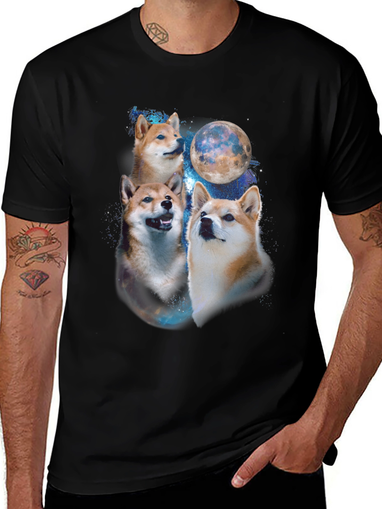 Shiba Inu Dog Moon Graphic Black T-Shirt