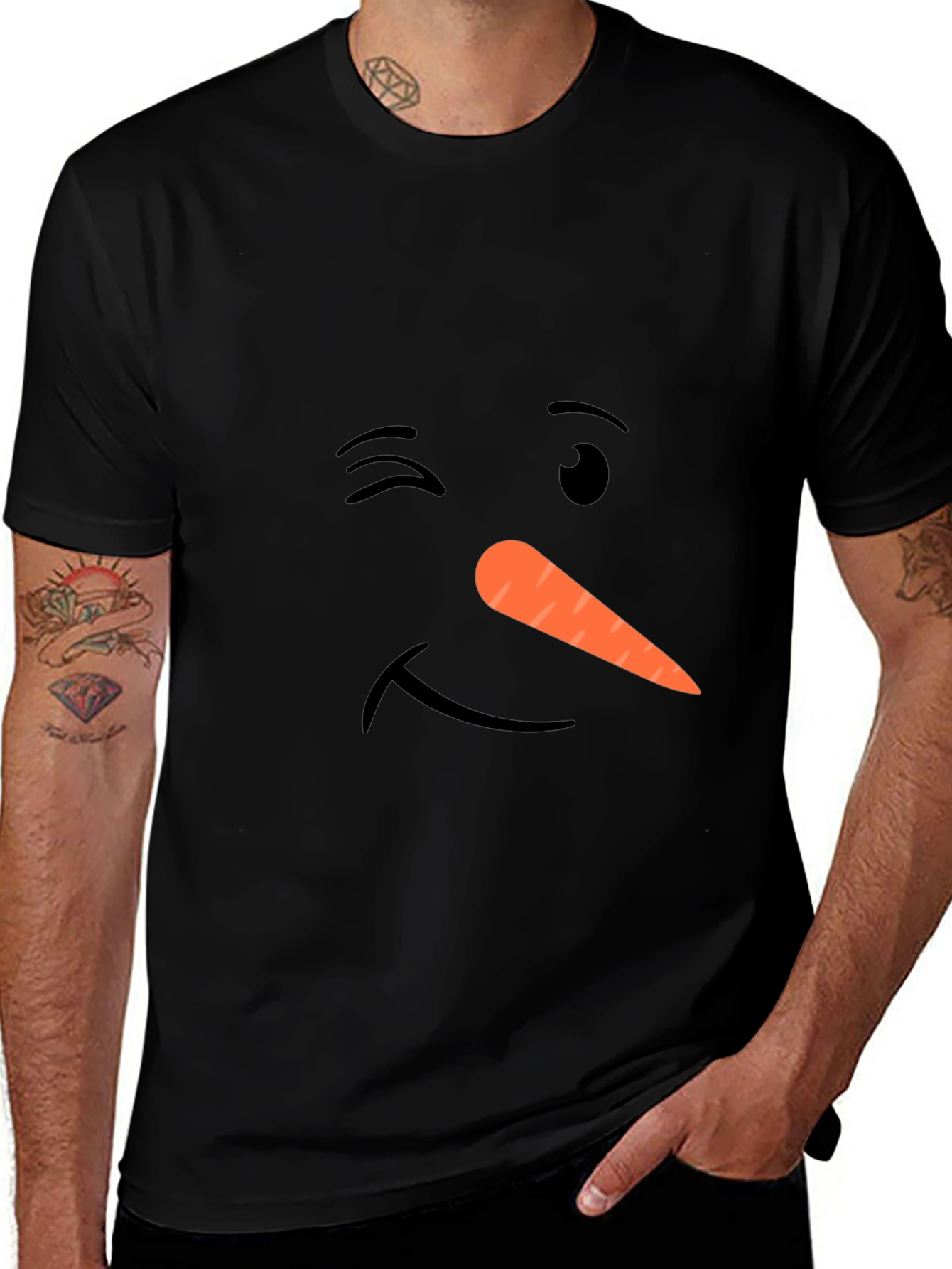 Variant 22 of Winking Snowman Face Graphic Black T-Shirt