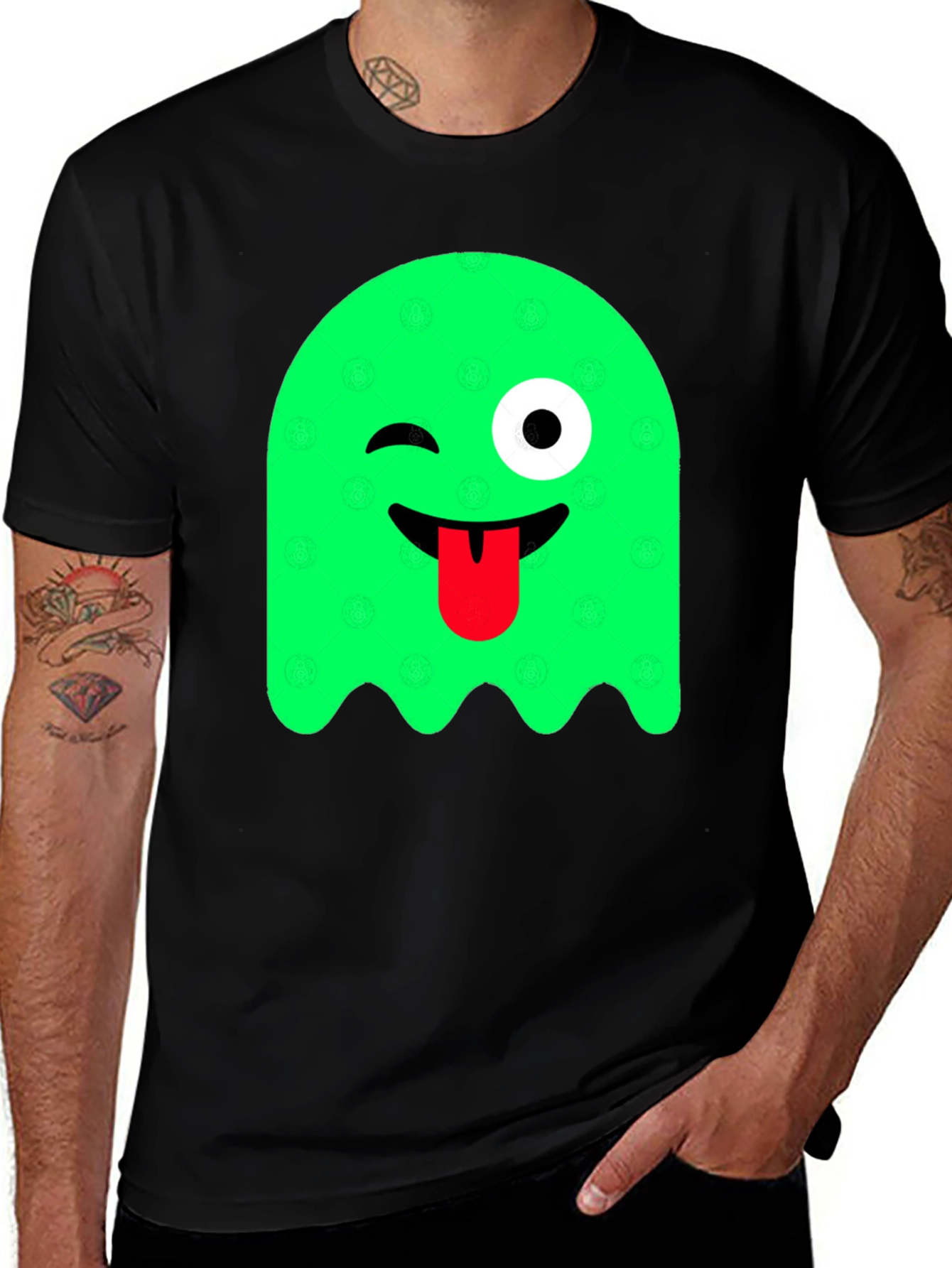 Variant 7 of Funny Winking Ghost Graphic Tee - Black Cotton T-Shirt