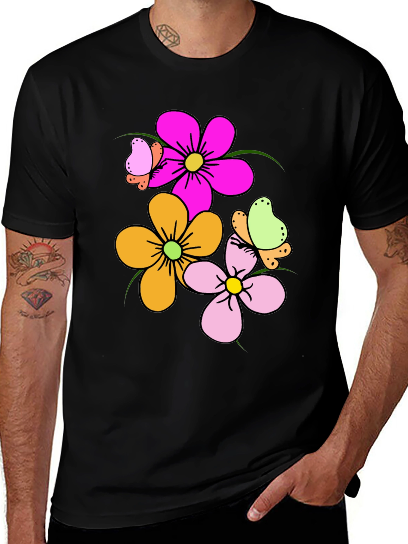 Variant 23 of Floral Butterfly Graphic Print Black T-Shirt