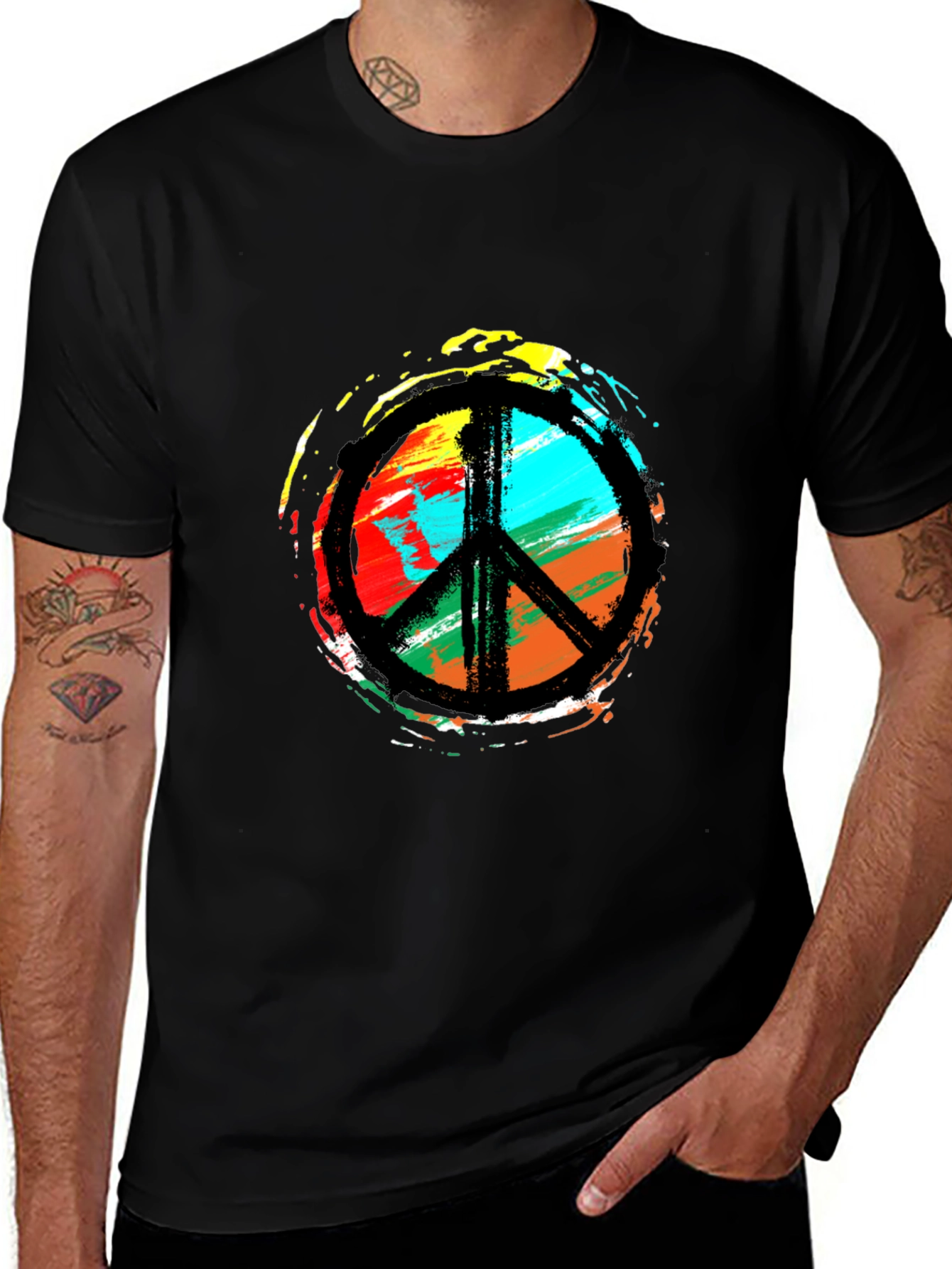 Peace Sign Black T-Shirt - Colorful Hippie Design