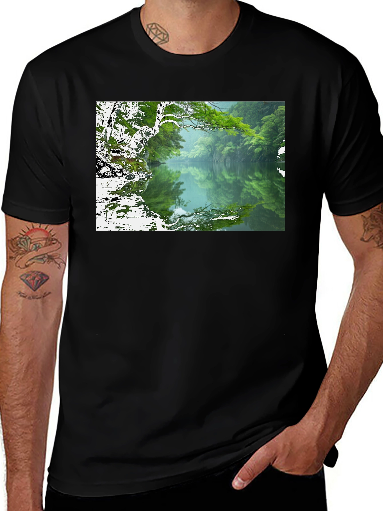 Variant 29 of Nature Lake Reflection Graphic Tee - Black