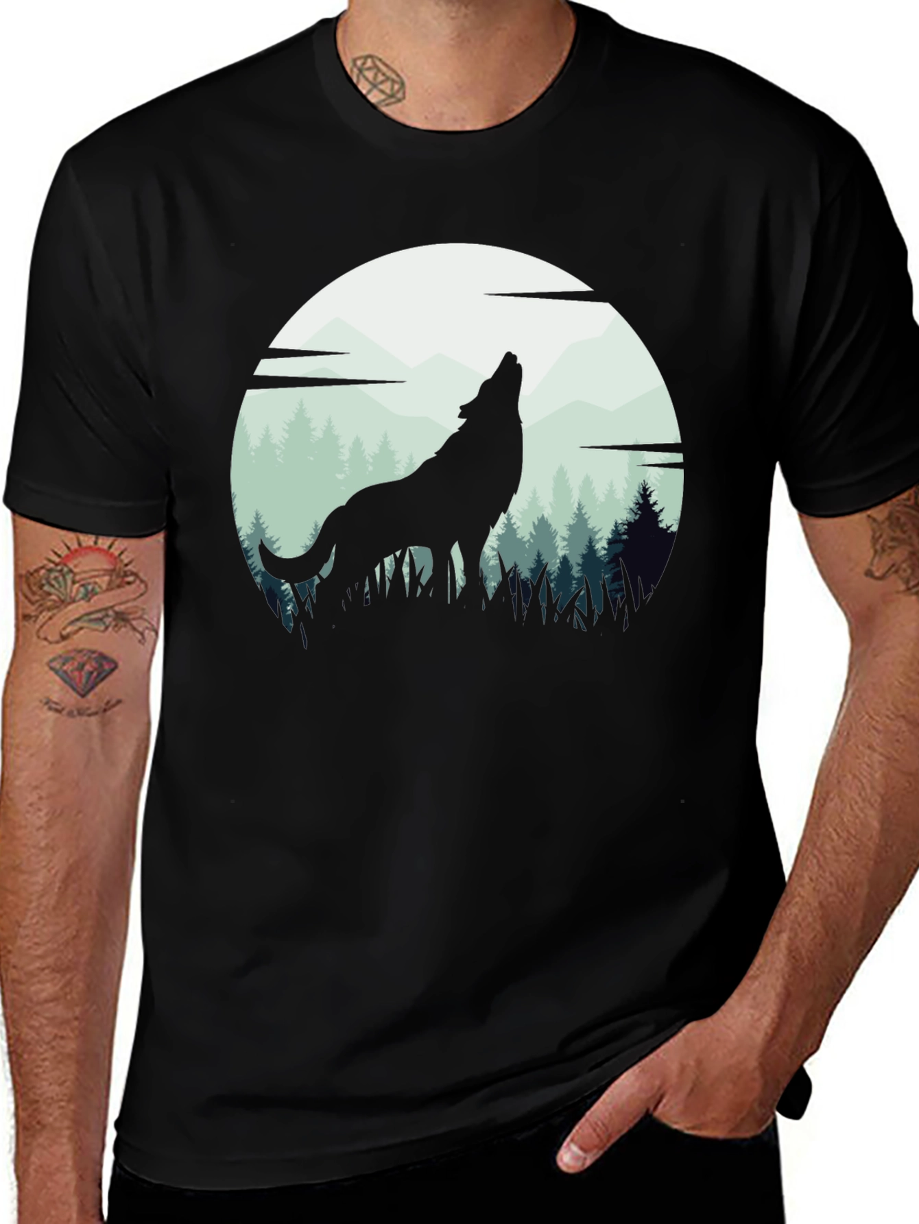 Variant 17 of Wolf Howling at Moon T-Shirt - Black