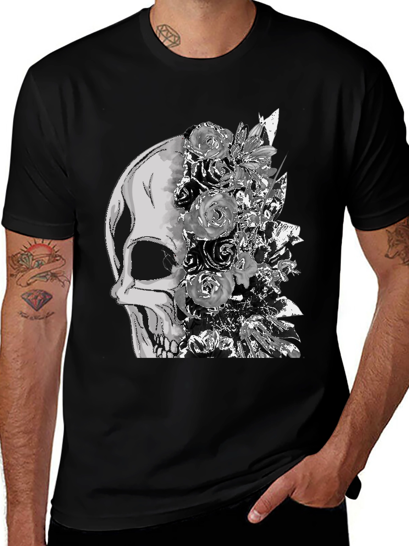 Variant 6 of Skull & Roses Graphic Tee - Men's Black T-Shirt