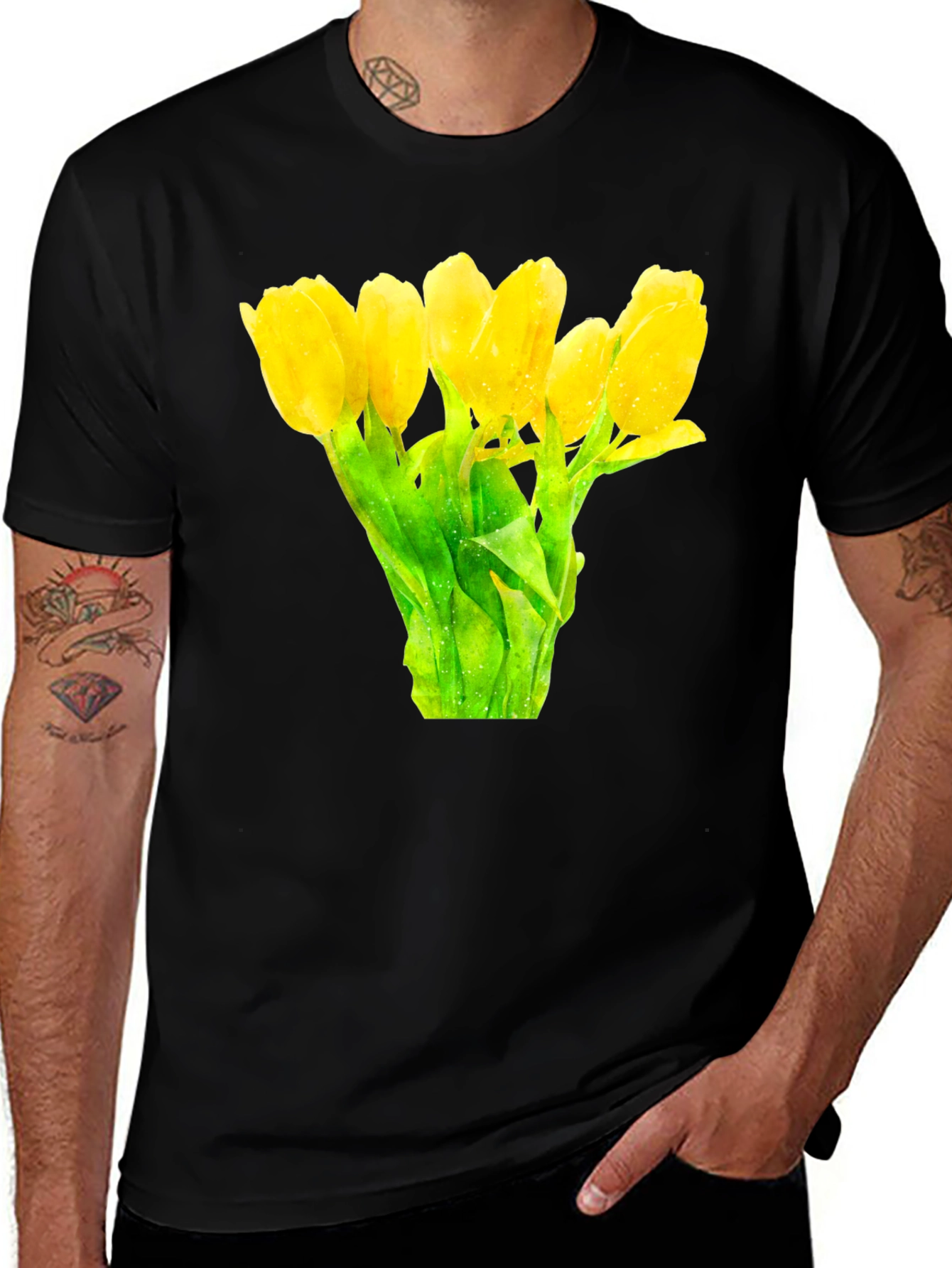 Variant 17 of Floral Print Black T-Shirt -  Yellow Tulips