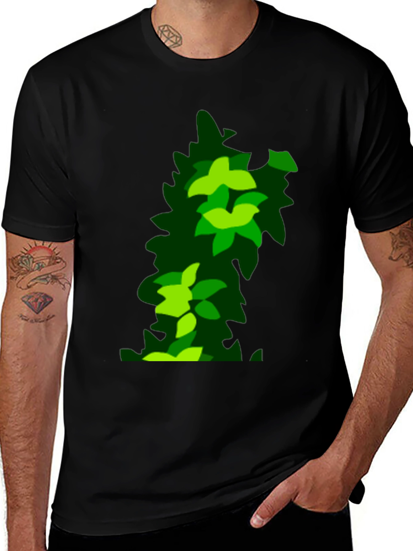 Variant 9 of Green Leaf Pattern Black T-Shirt