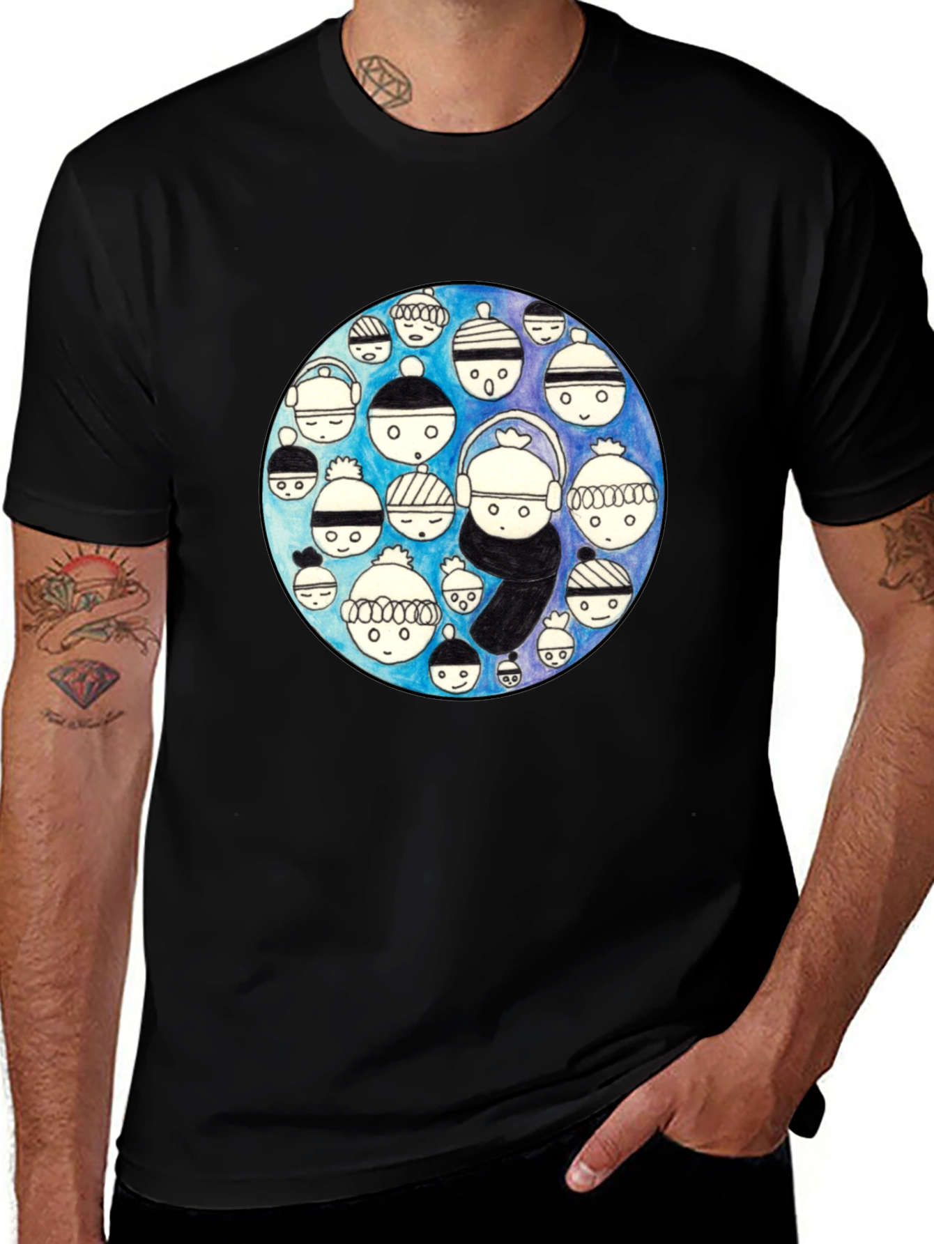 Unique Illustrated Faces Black T-Shirt