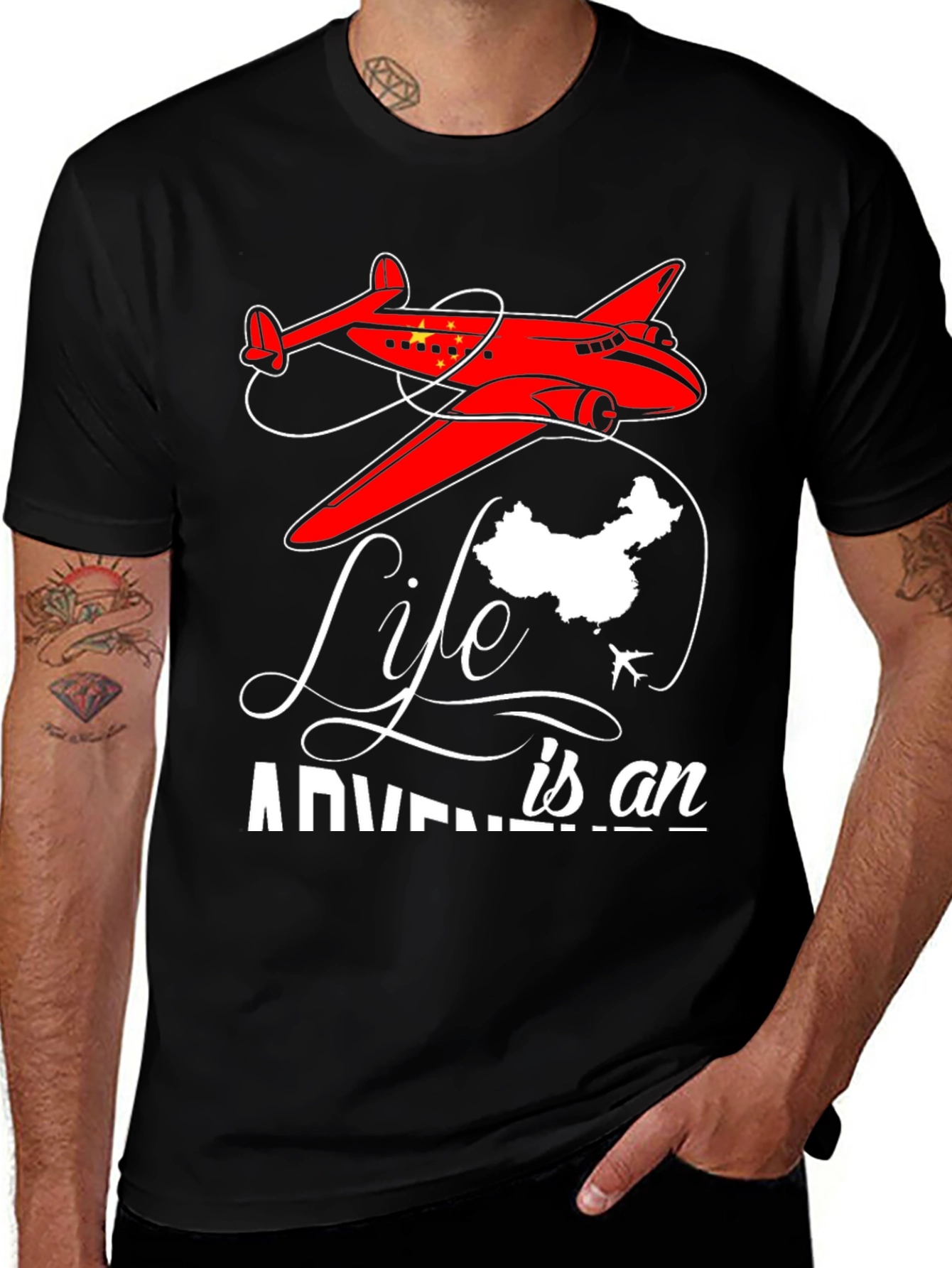 Black Adventure Life China Airplane Graphic T-Shirt main image
