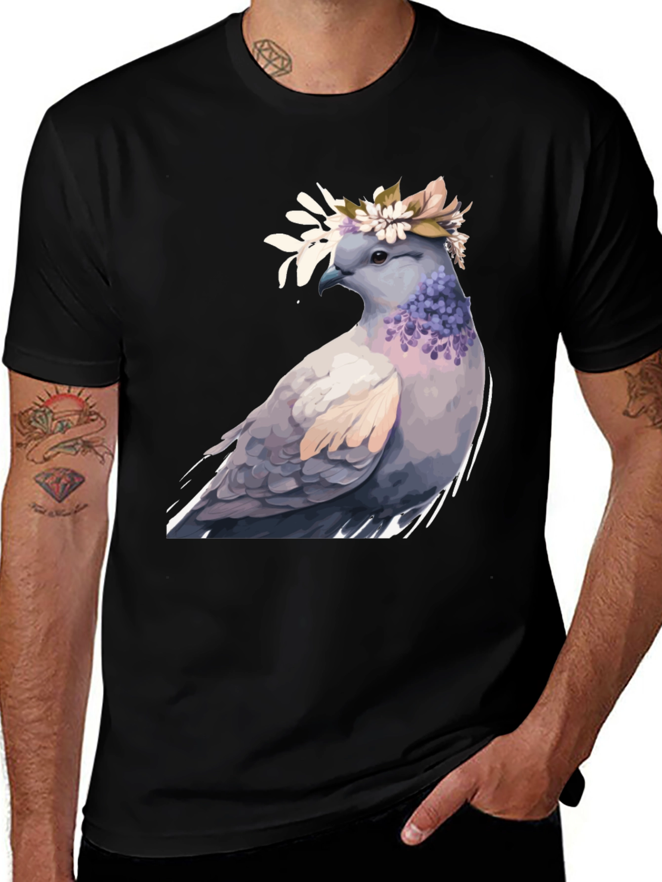 Variant 17 of Dove with Flower Crown T-Shirt - Black