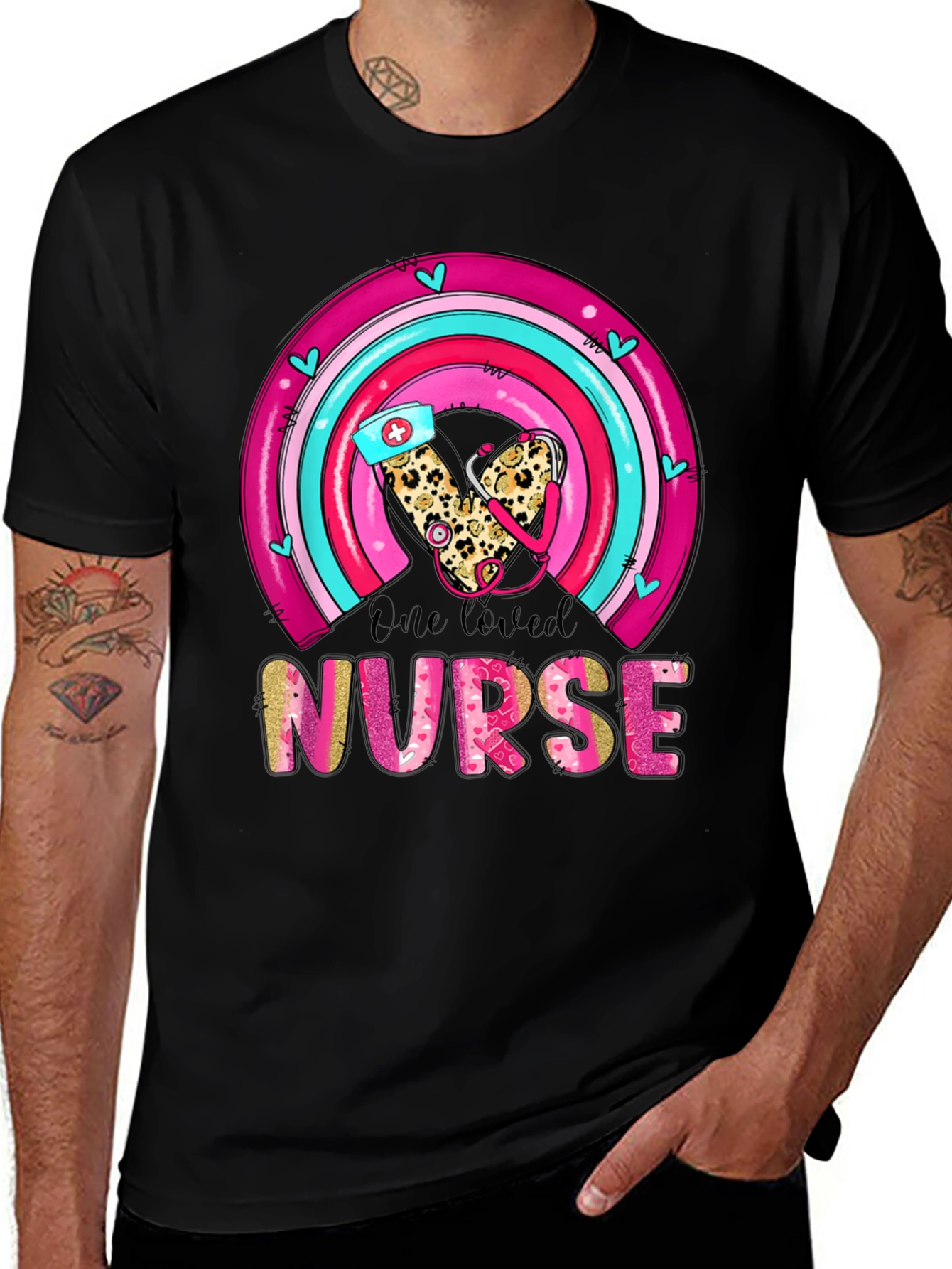 Variant 20 of Leopard Heart Nurse Rainbow Graphic Tee