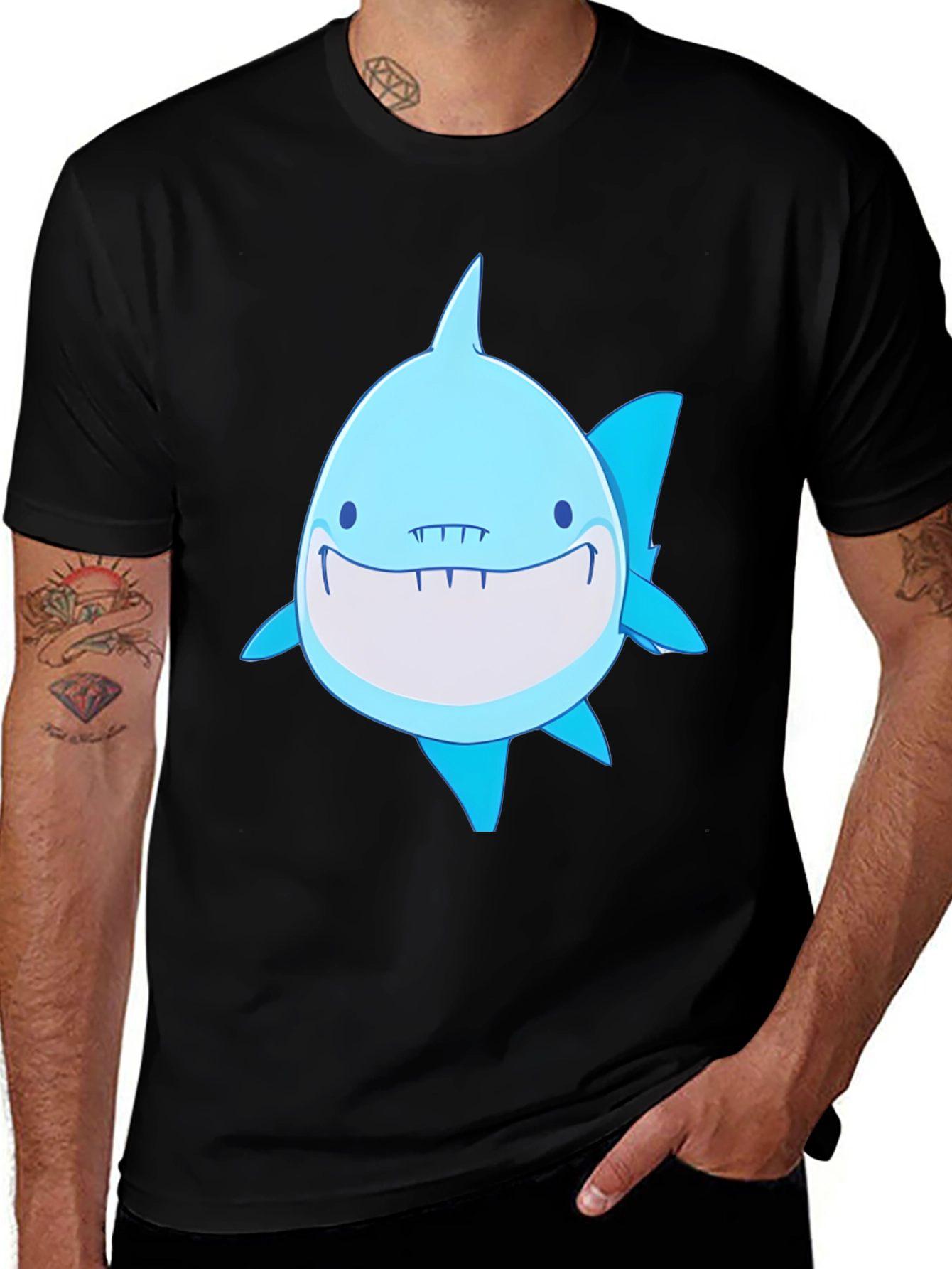 Variant 26 of Cute Cartoon Shark Graphic Tee - Black Cotton T-Shirt