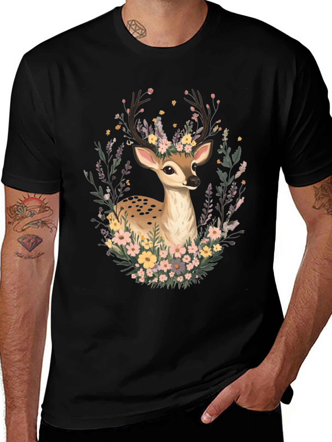 Variant 11 of Floral Deer Graphic Tee - Trendy Black T-Shirt