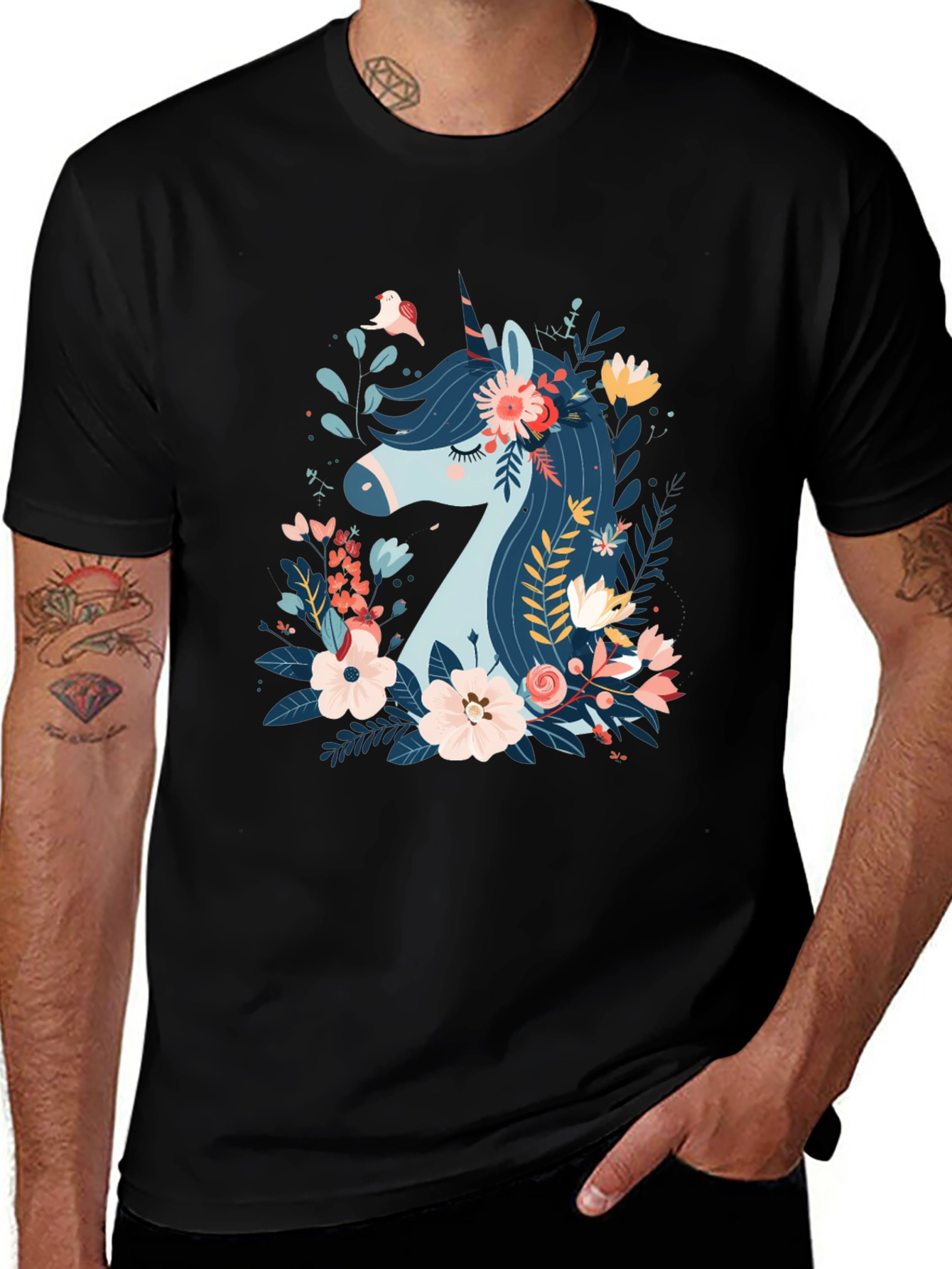 Floral Unicorn Graphic Print Black T-Shirt
