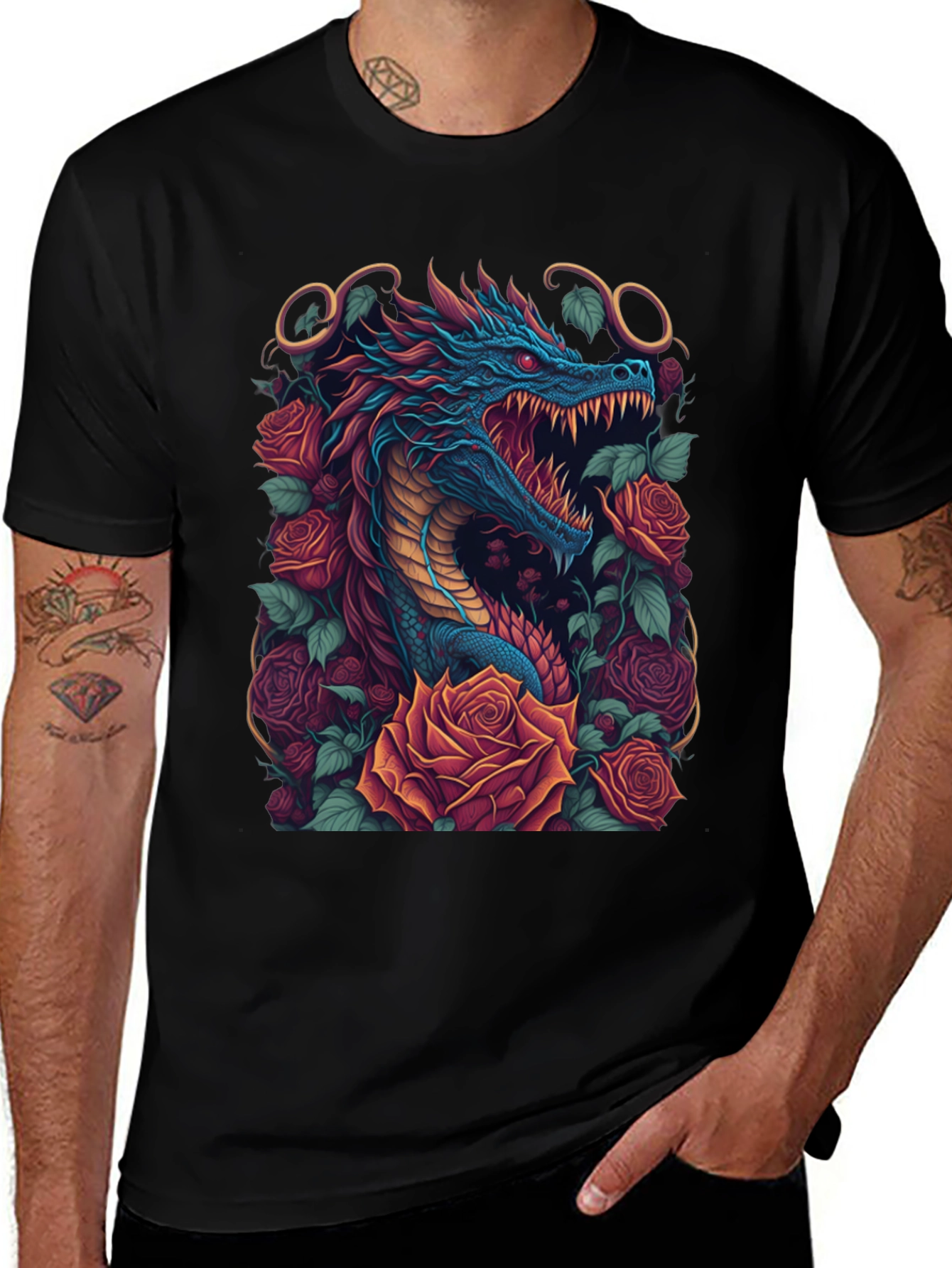 Variant 21 of Dragon & Roses Graphic Tee - Unique Design