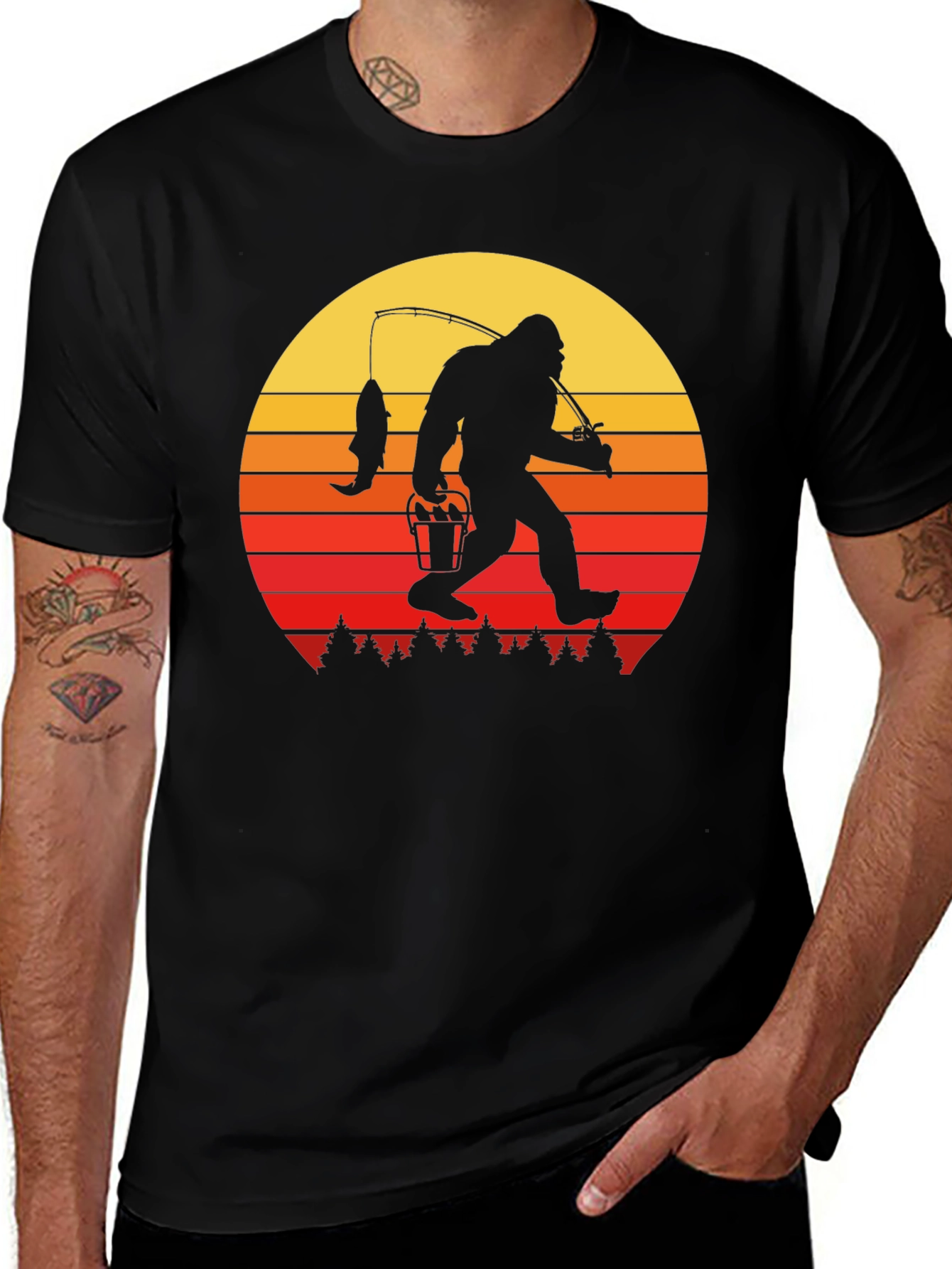 Bigfoot Fishing Sunset Graphic Tee