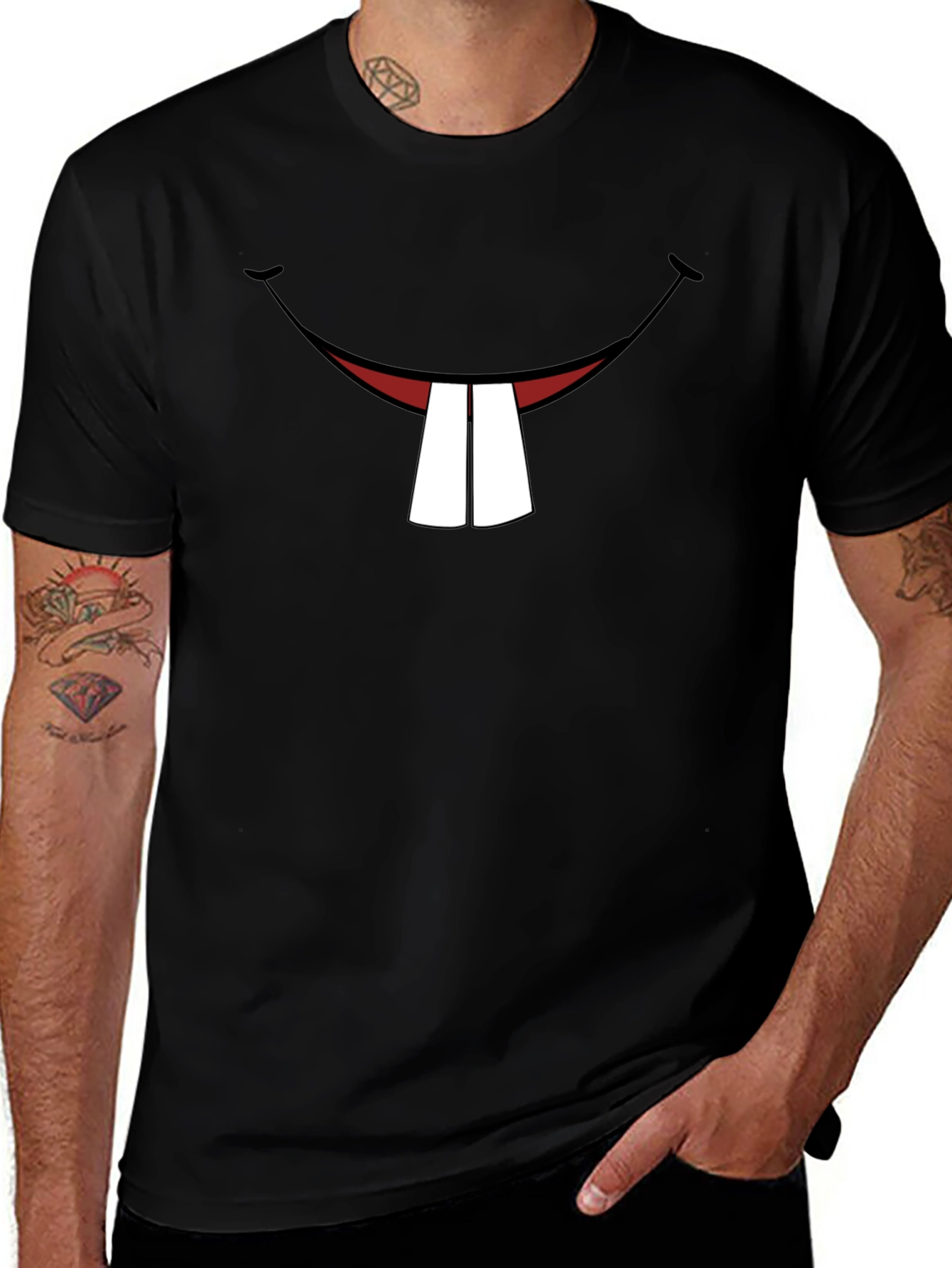 Variant 17 of Funny Bunny Teeth Graphic Black T-Shirt