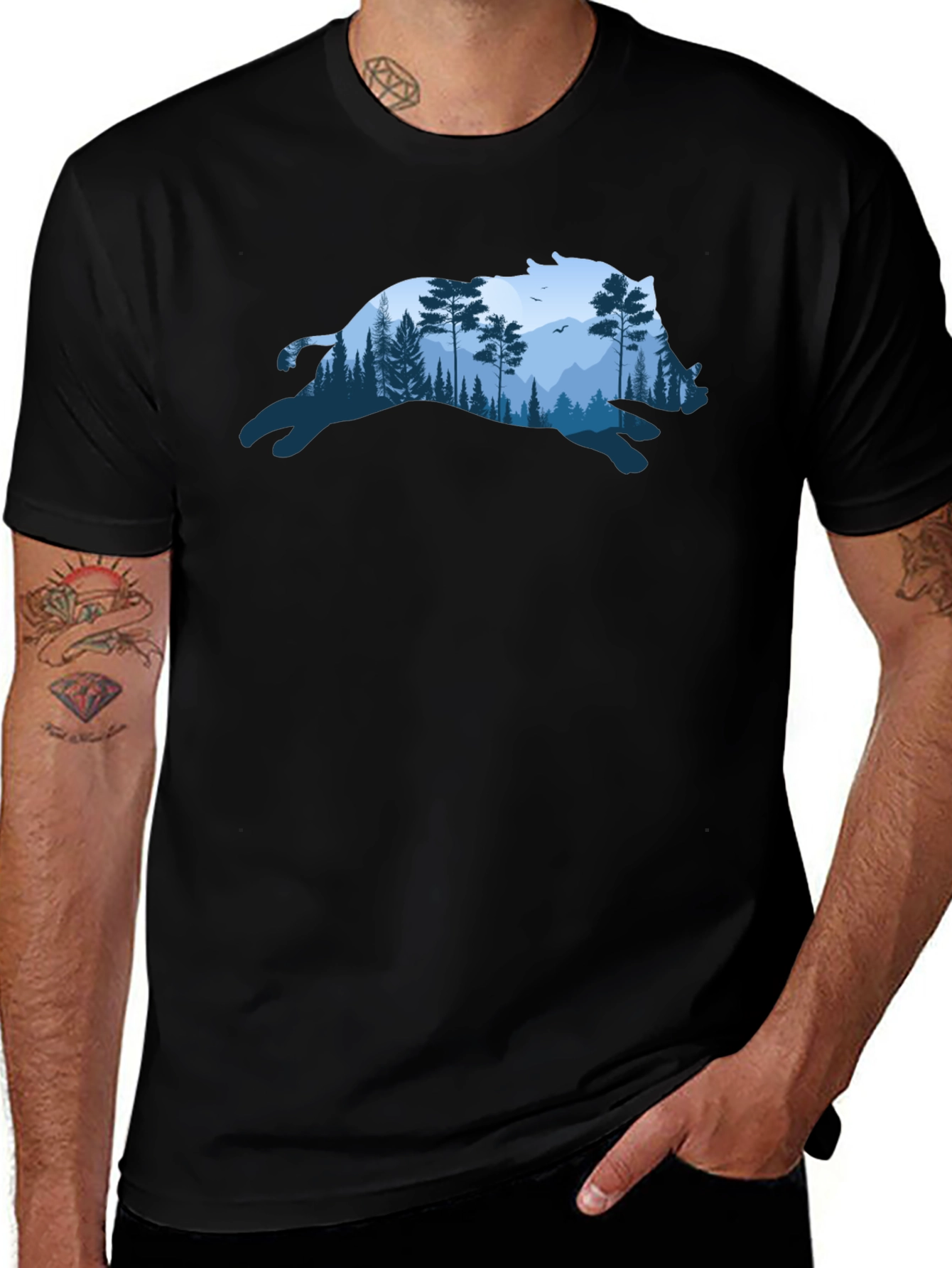 Black Wild Boar Forest Tee - Nature Inspired Black T-Shirt main image