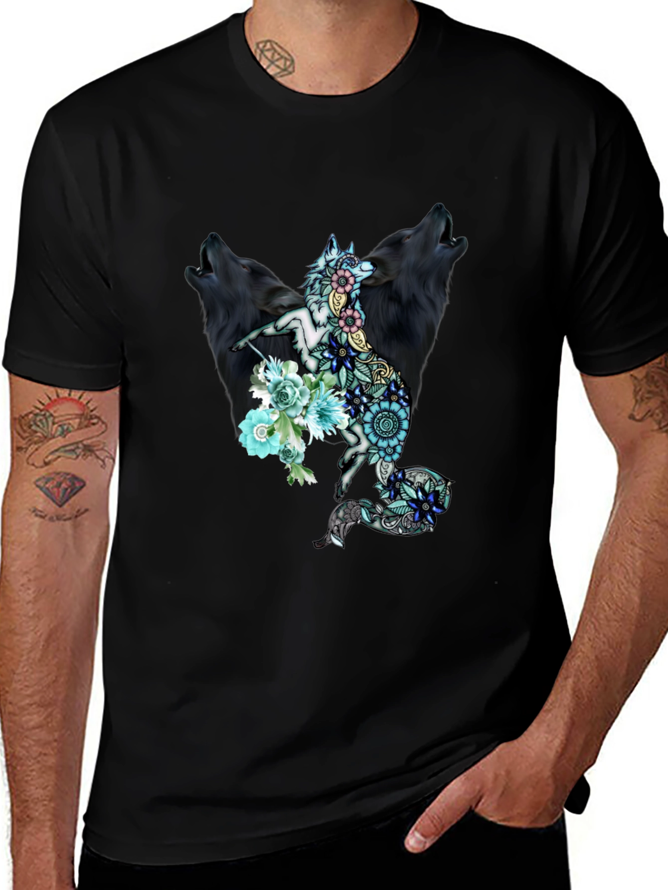Wolf Pack Floral Graphic Tee - Black