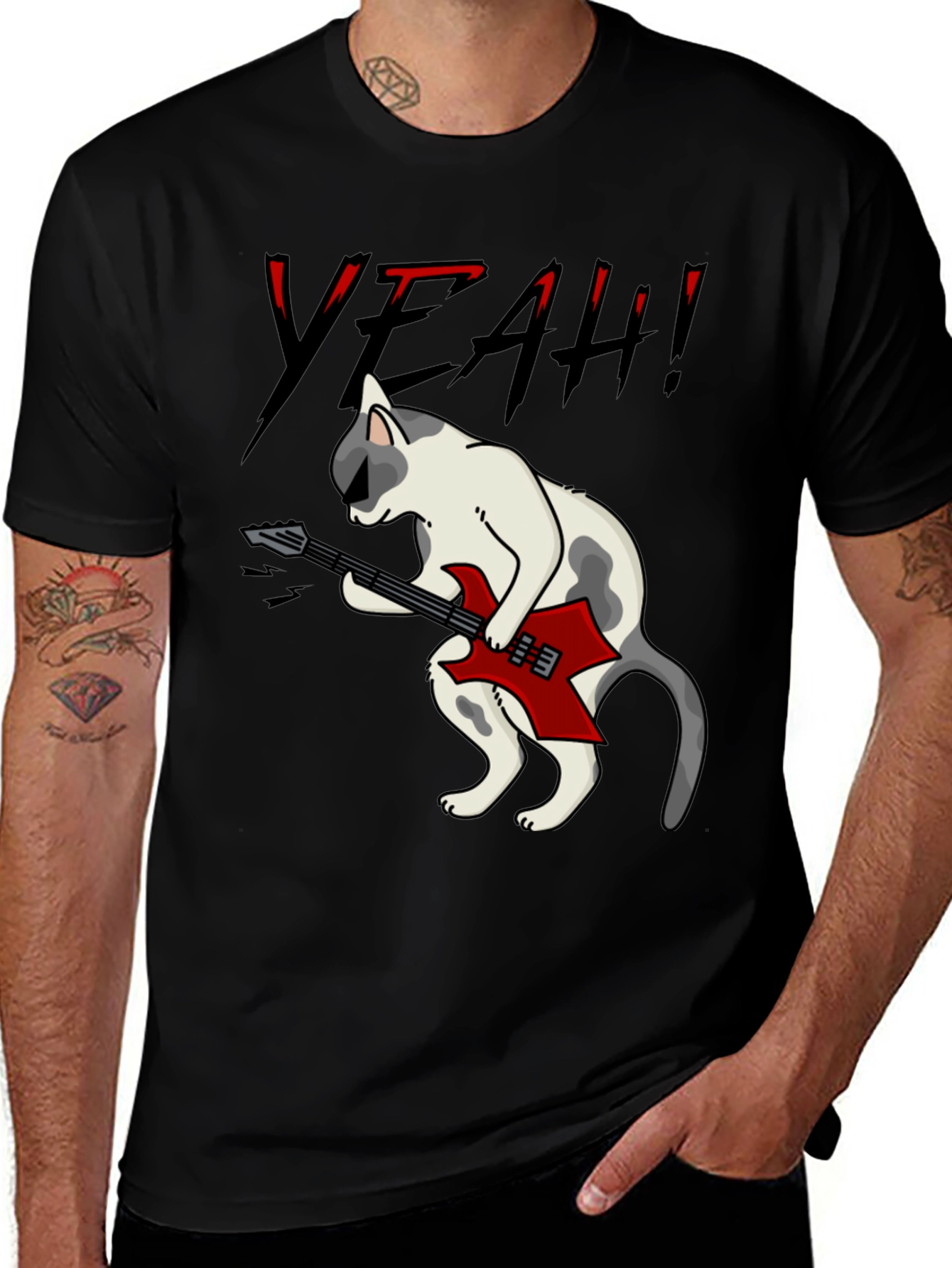 Rock Cat Graphic T-Shirt - Black Cotton Tee