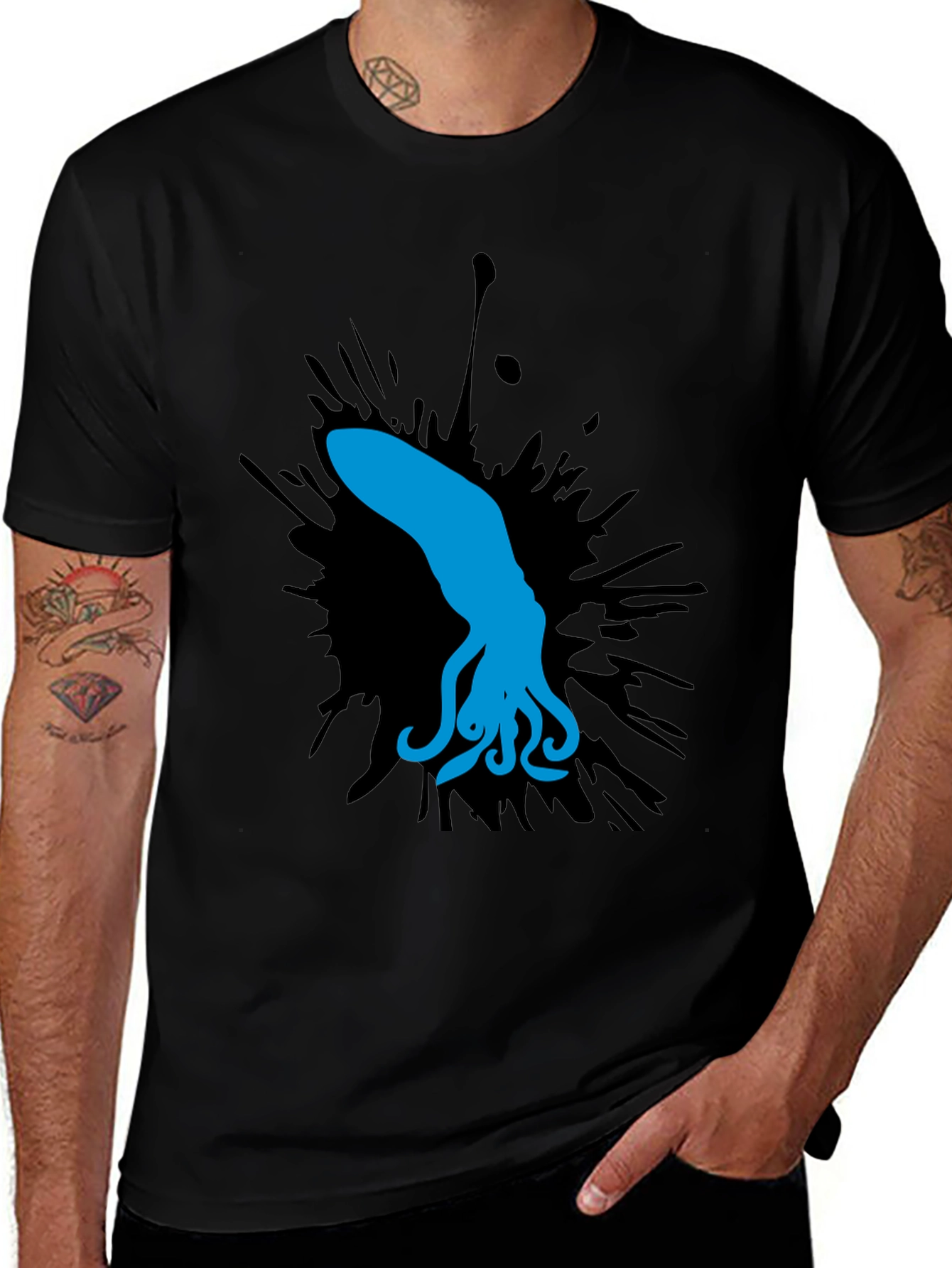 Variant 30 of Blue Squid Graphic Tee - Black Cotton Shirt