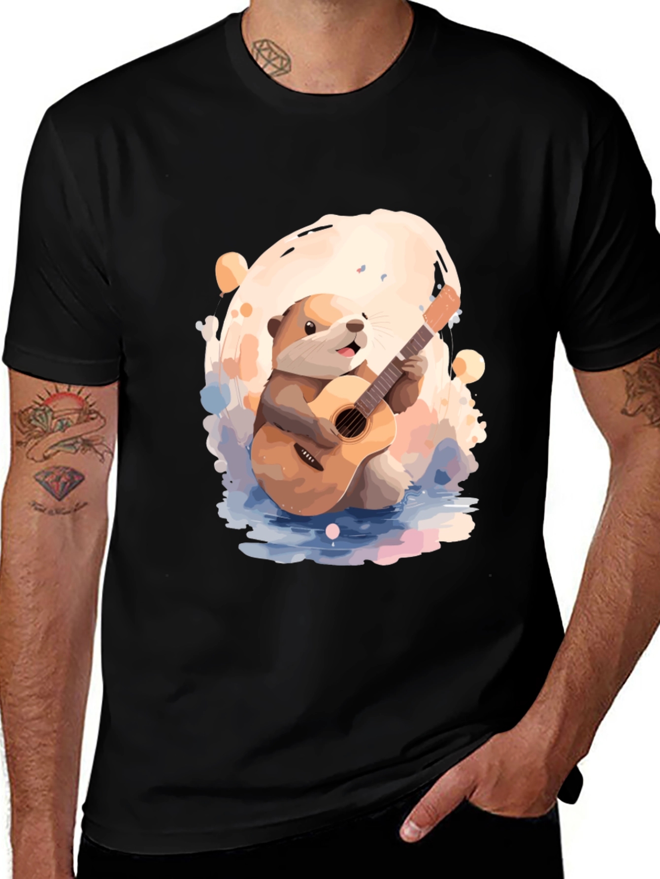 Variant 29 of Otter Guitar Player Black T-Shirt