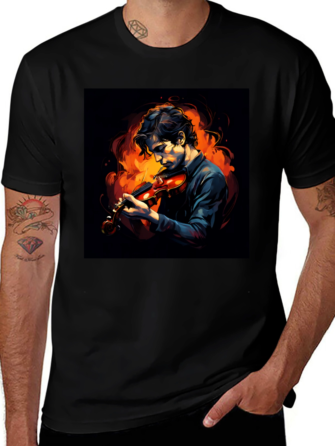 Variant 26 of Fiery Fiddler Graphic Tee - Black Cotton