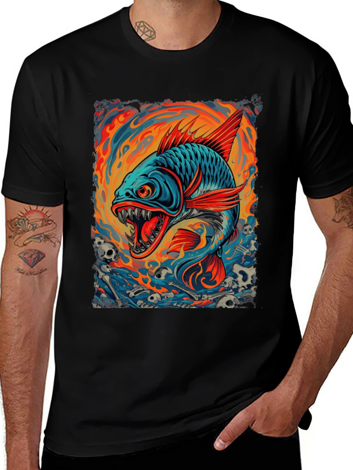 Variant 17 of Men's Black T-Shirt - Graphic Fish Design