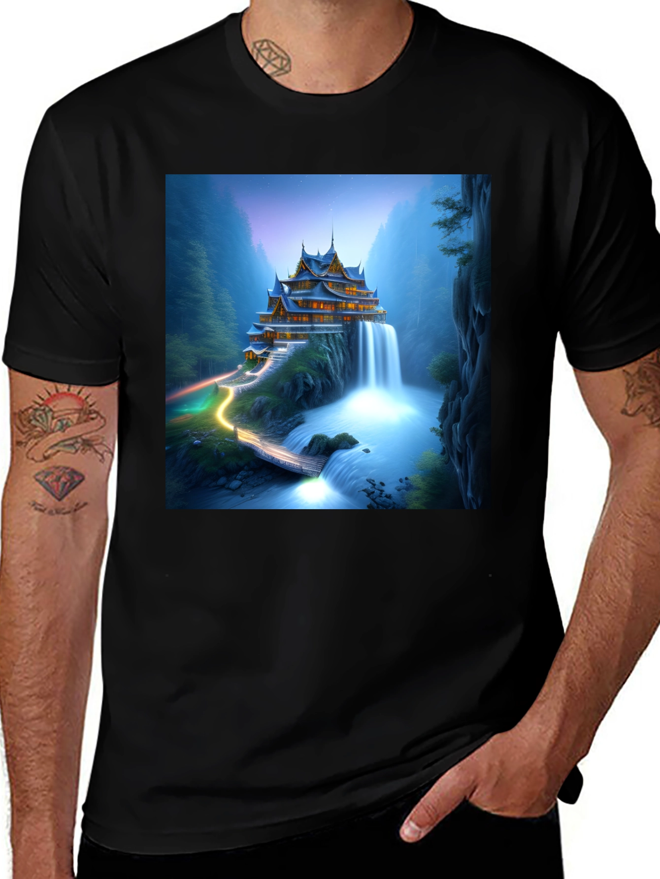 Variant 7 of Waterfall Temple Graphic Tee - Men's Black T-Shirt