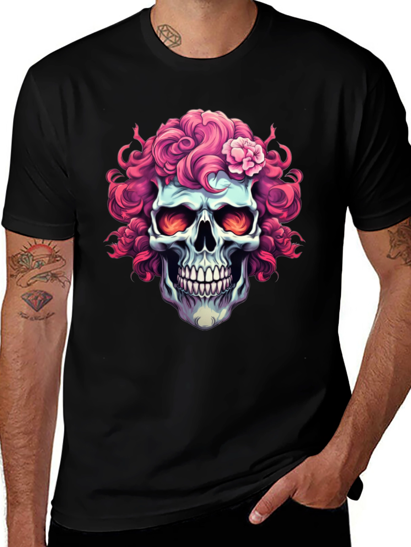 Variant 29 of Skull with Pink Floral Hair T-Shirt